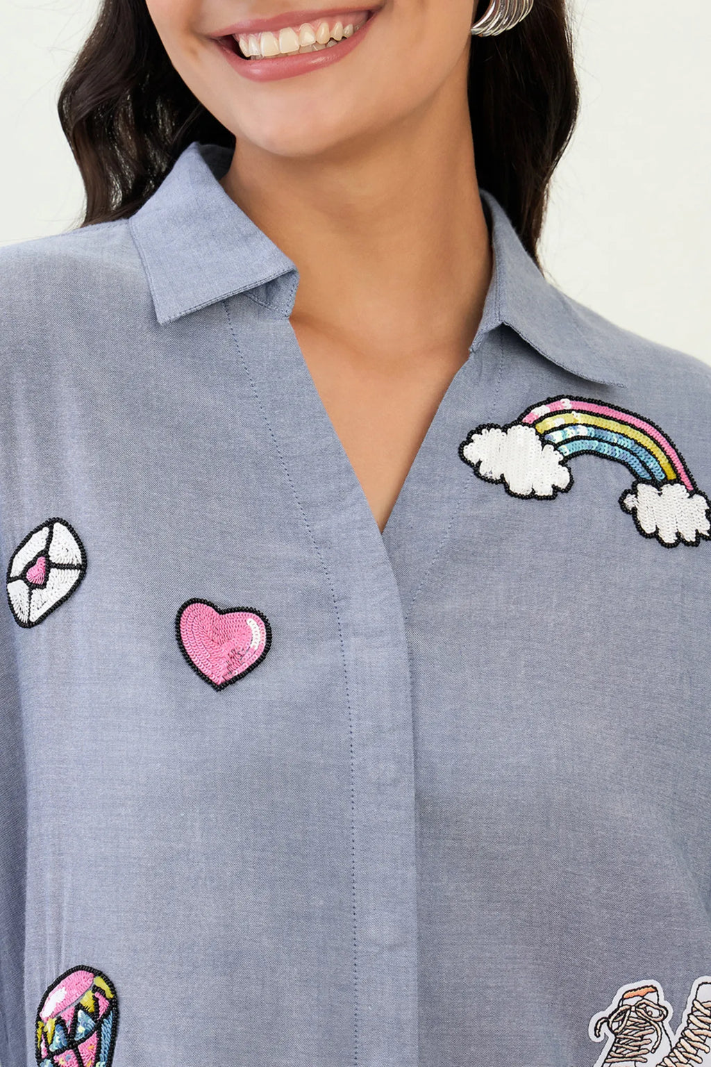 Cotton Denim Embellished Shirt