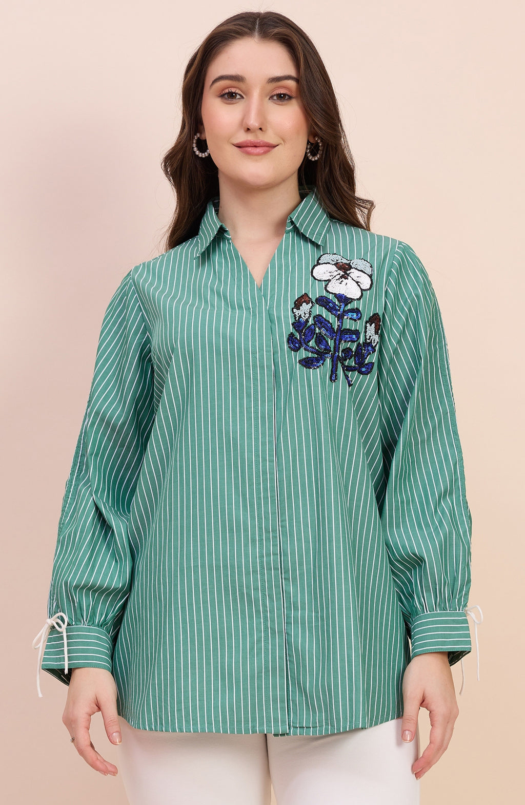 Sage Green Striped Shirt with Sequin Floral Embroidery