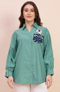Sage Green Striped Shirt with Sequin Floral Embroidery