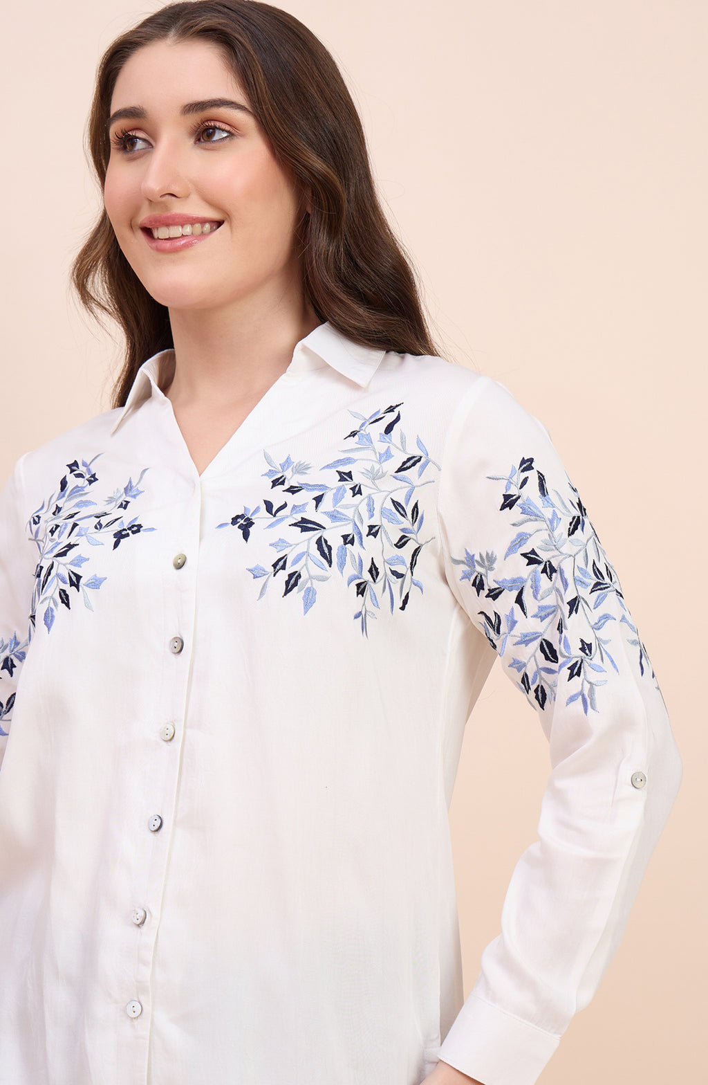 White Shirt with Blue Floral Vine Embroidery