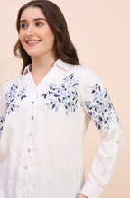 White Shirt with Blue Floral Vine Embroidery