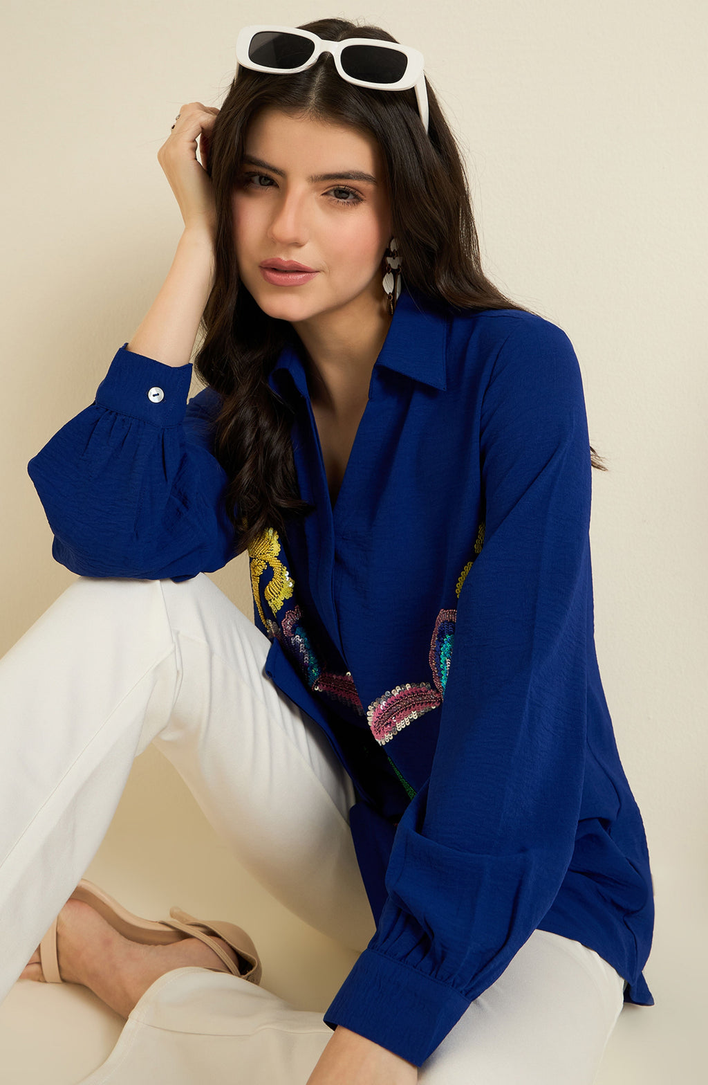 Royal Blue Shirt with Sequin Iris Embroidery