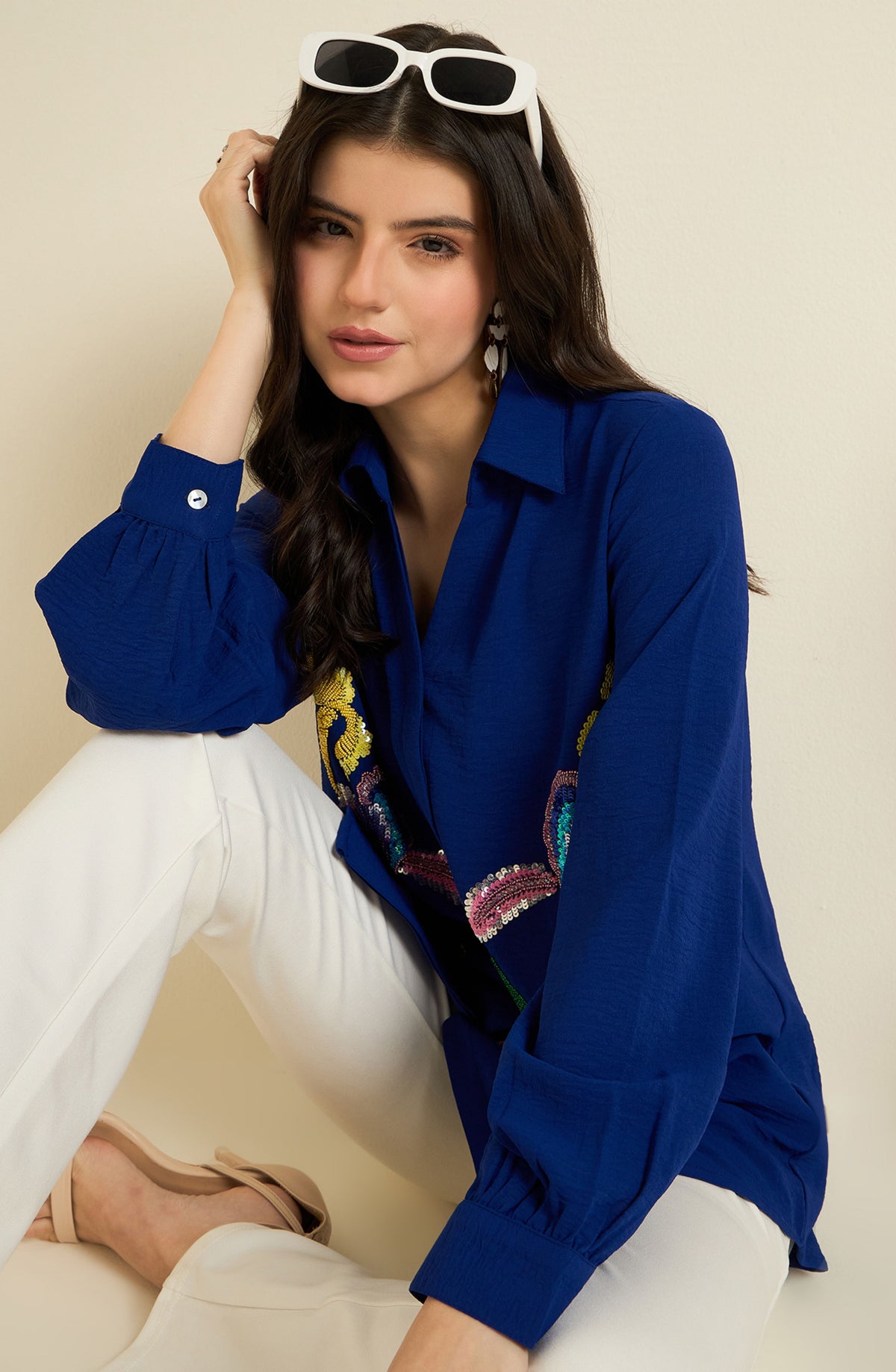 Royal Blue Shirt with Sequin Iris Embroidery