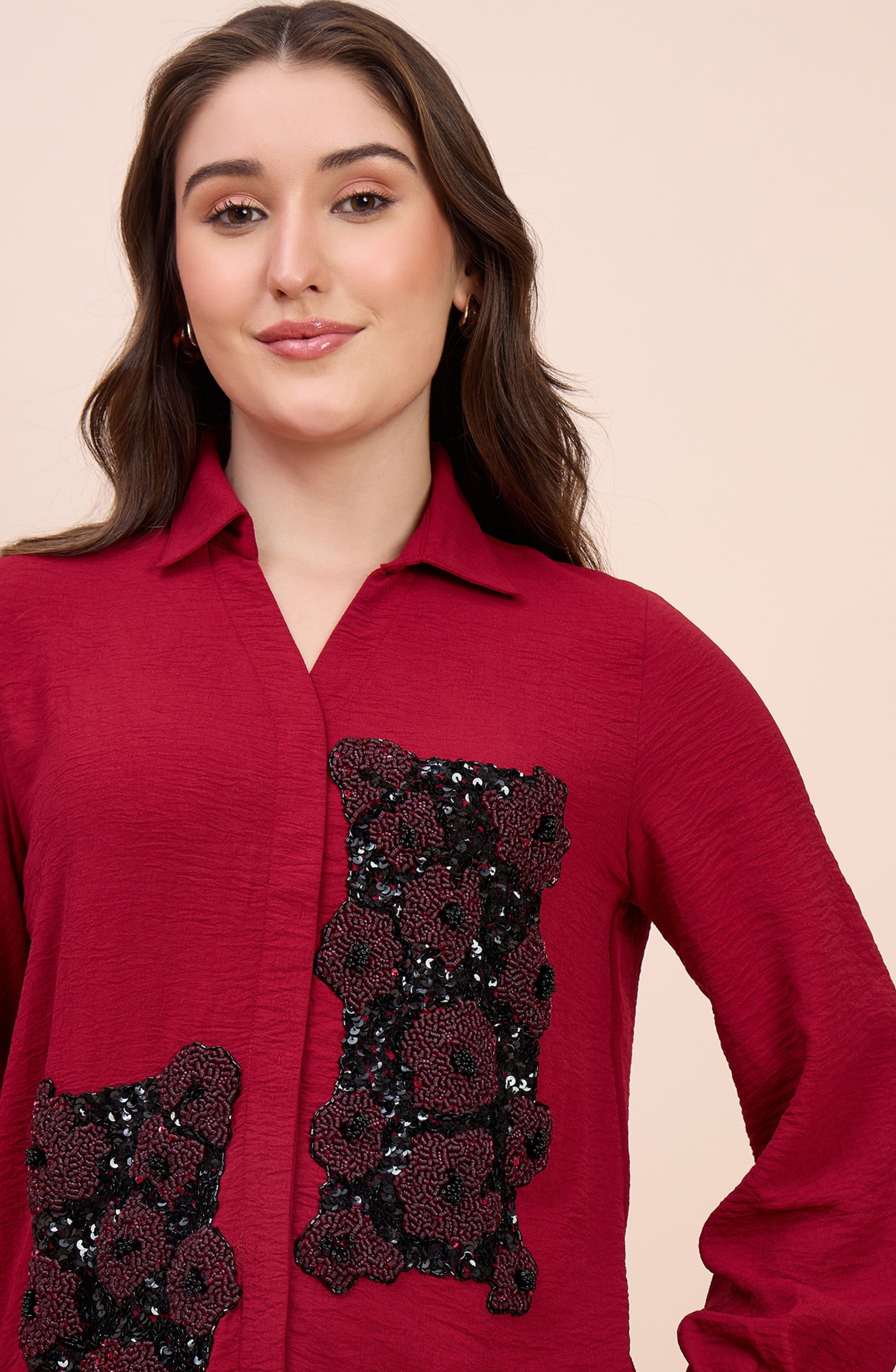 Red Shirt with Sequin Floral Patchwork