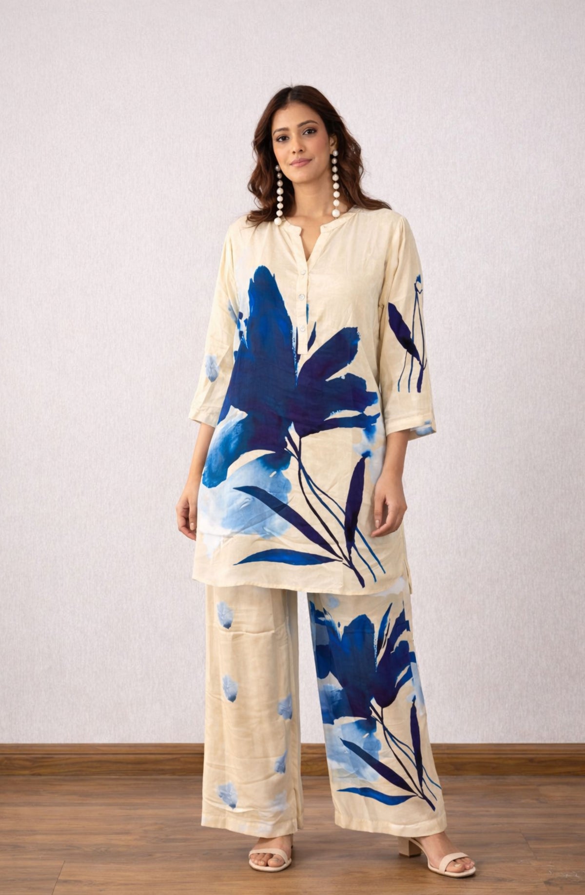 Beige & Blue Floral Print Co-Ord Set