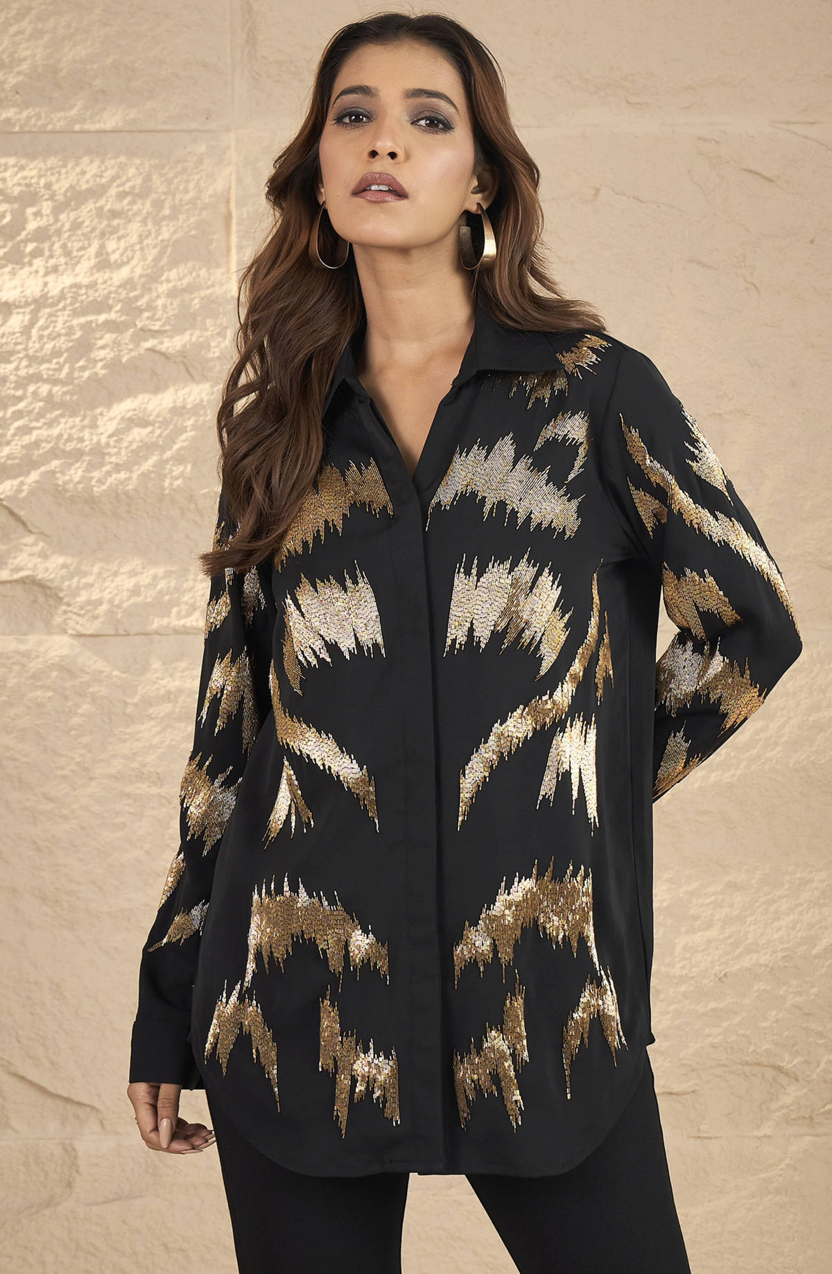 Midnight Black and Gold Embellished Shirt