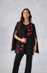Black Formal Cape with Red Contrast Embroidery