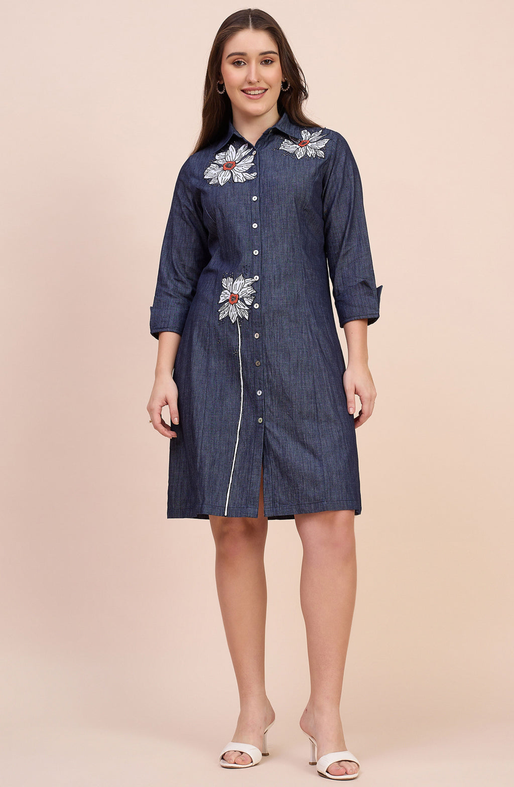 Denim Shirt Dress with Floral Beaded Embroidery