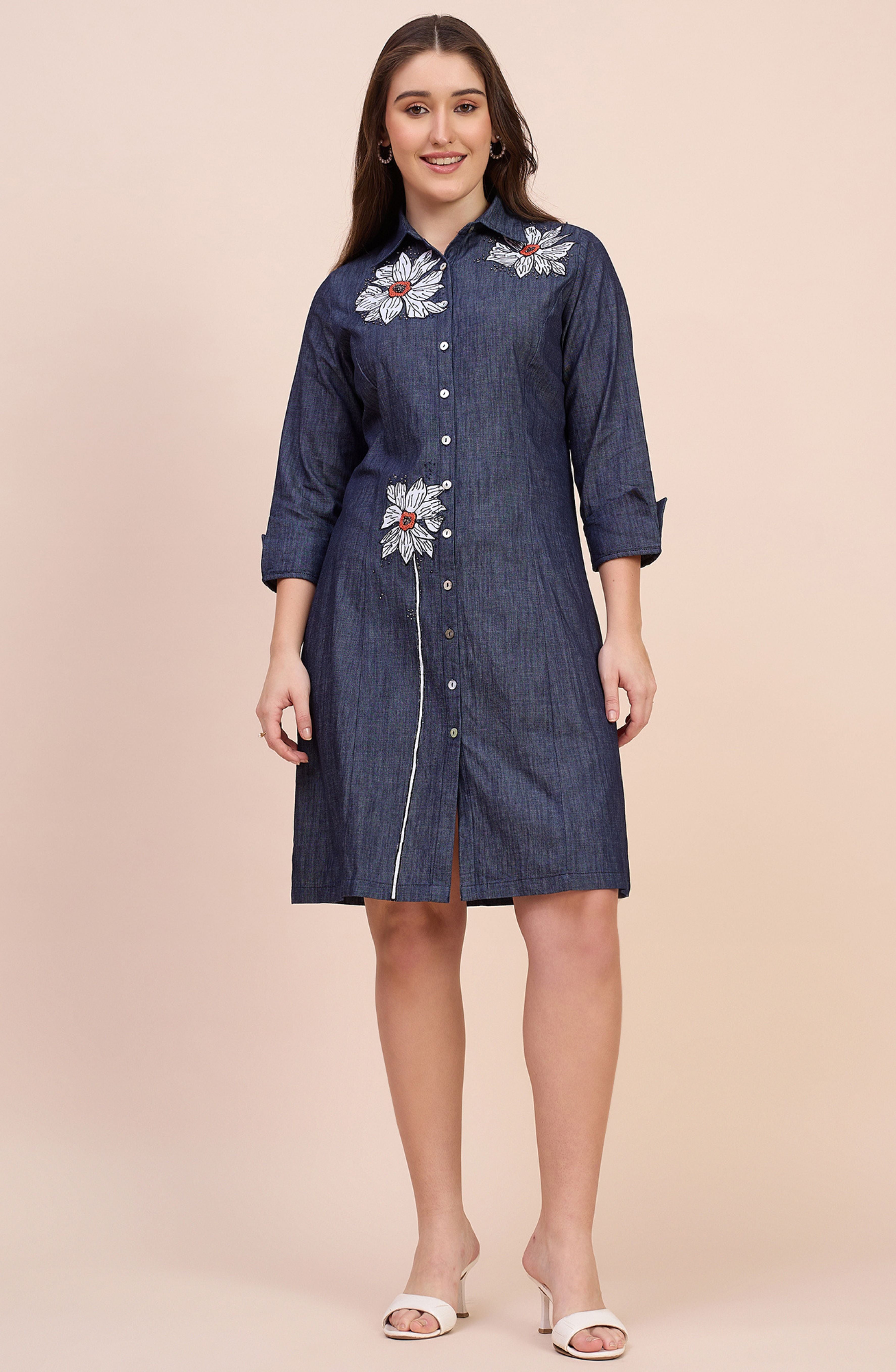 Denim Shirt Dress with Floral Beaded Embroidery