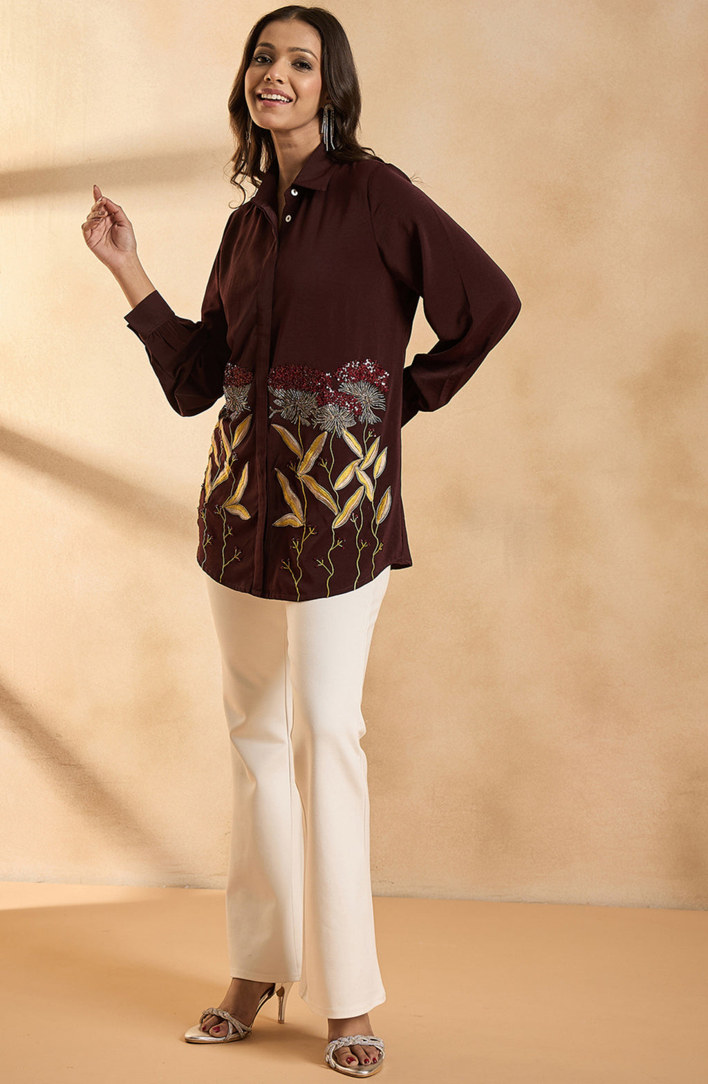 Deep Brown Shirt with Metallic Botanical Embroidery
