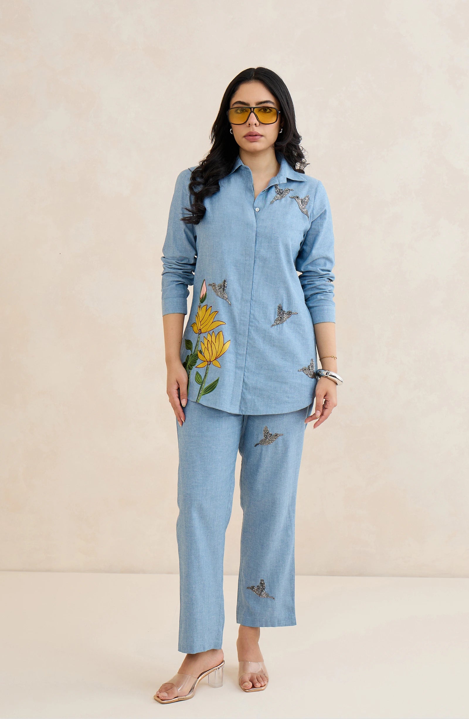 Sky Blue Floral Bird Embellished Co-Ord Set