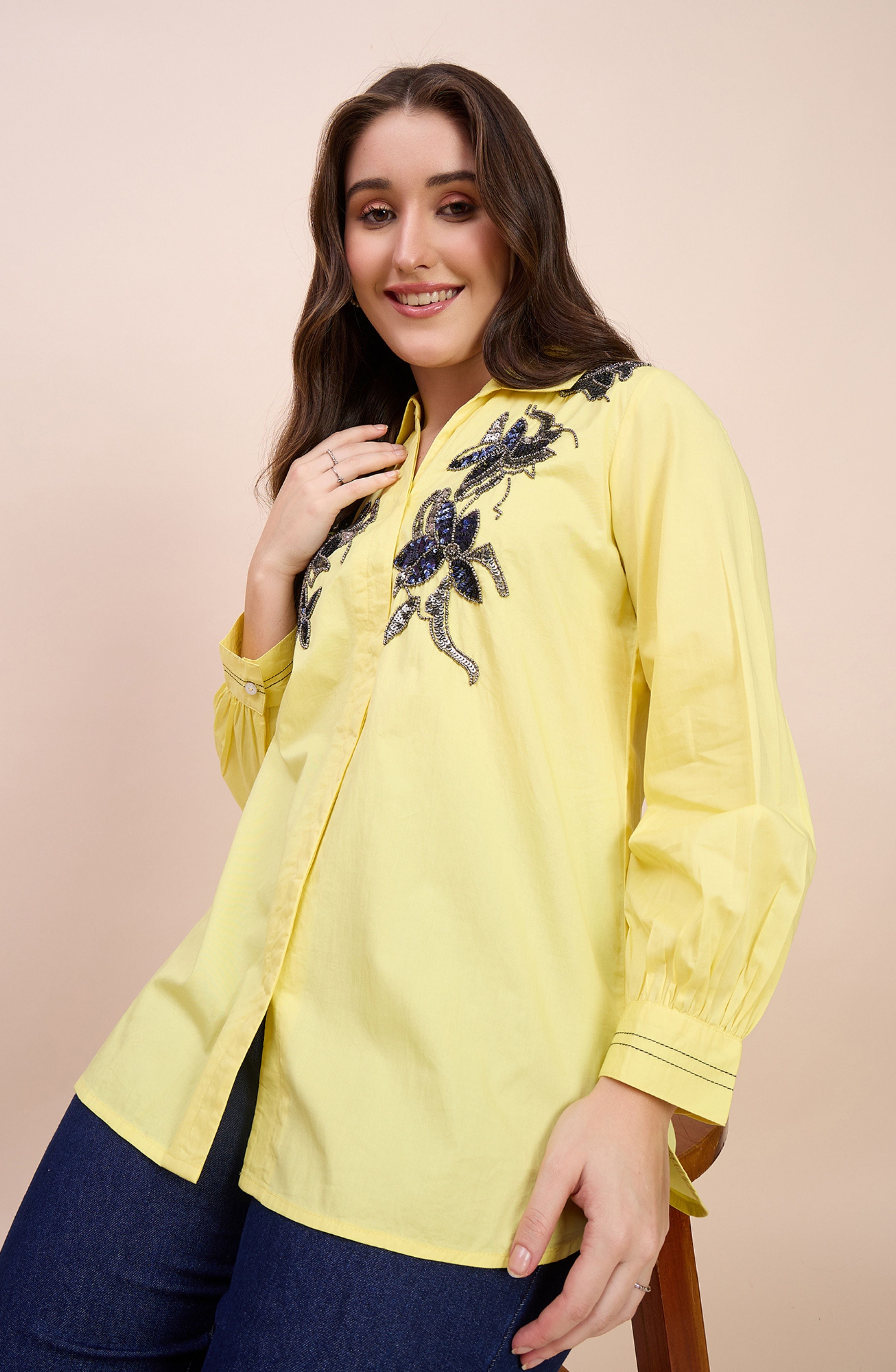 Yellow Shirt with Navy Sequin Floral Embroidery