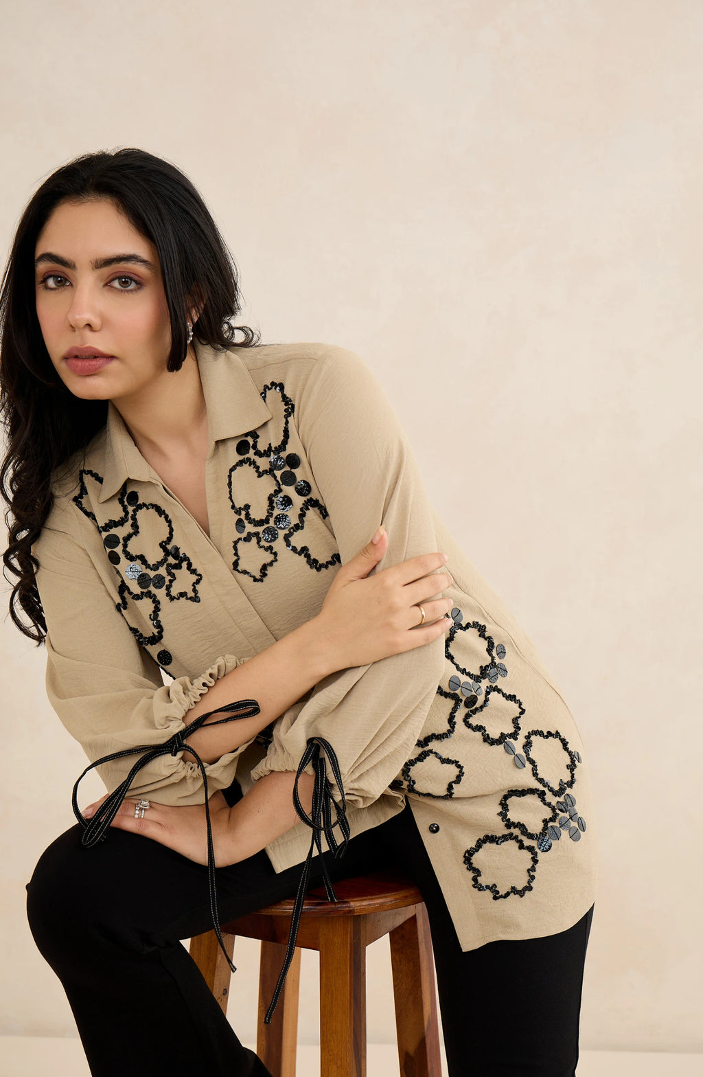 Beige Sandstone Embellished Shirt