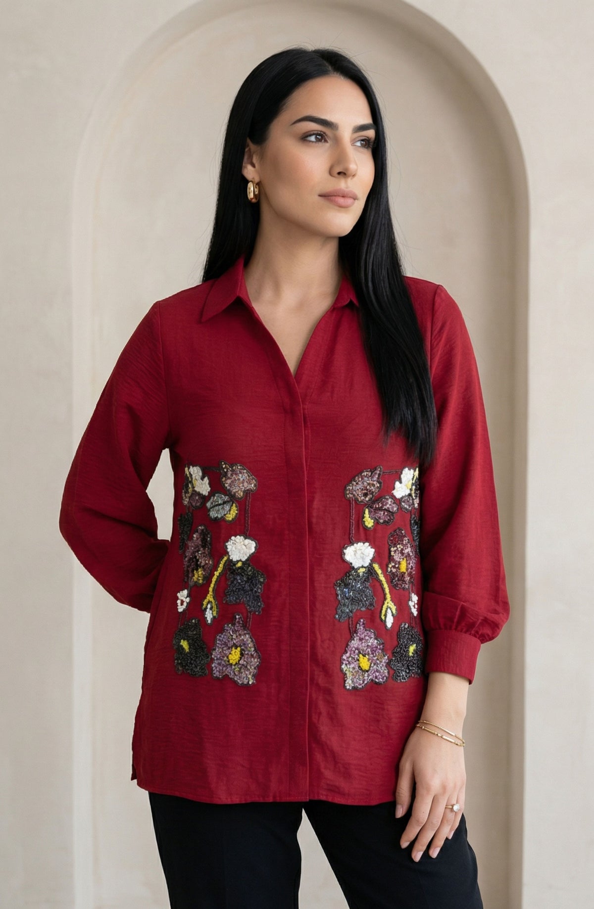 Wine Red Embellished Shirt