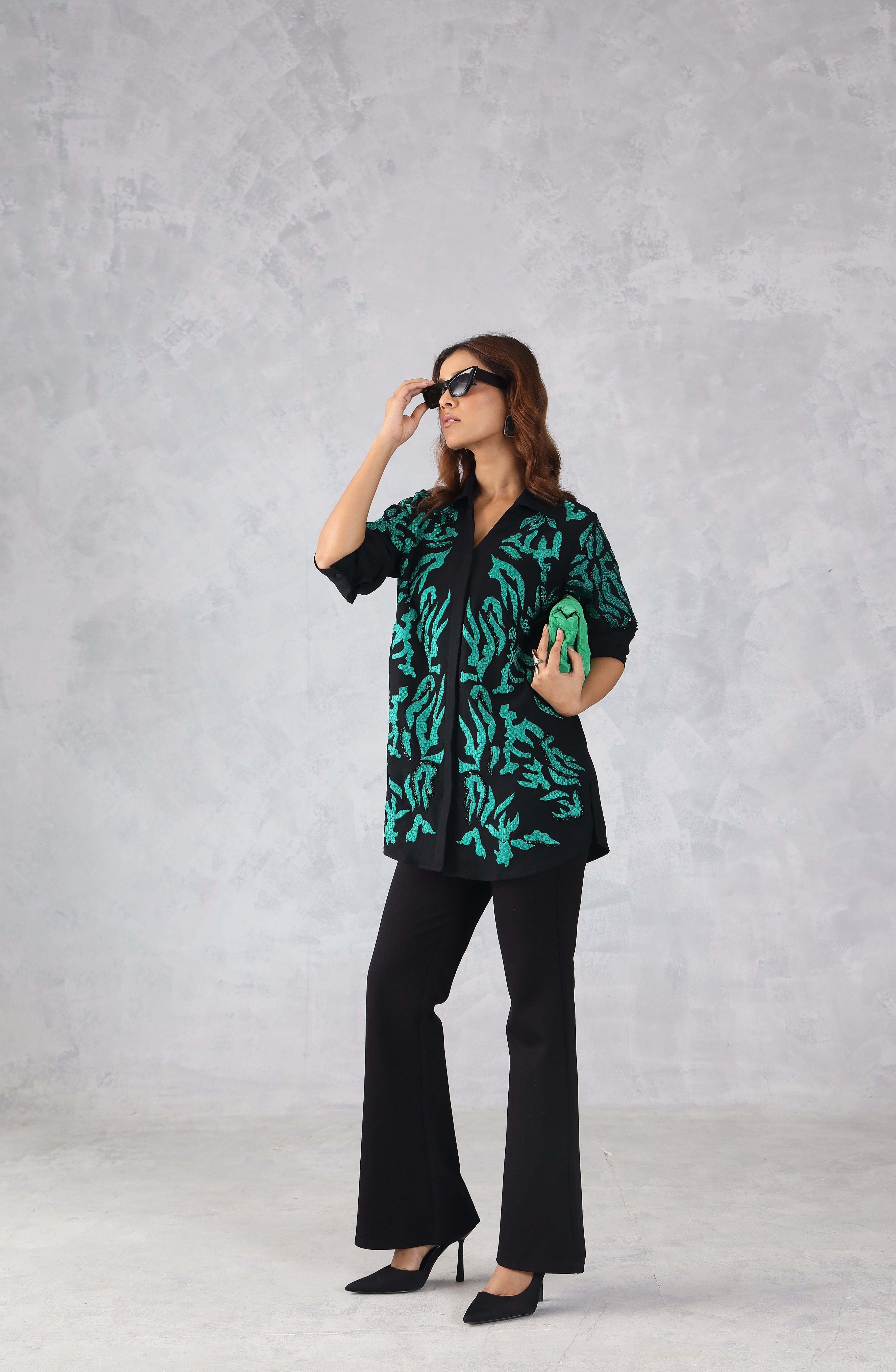 Black & Green Abstract Embroidered Shirt