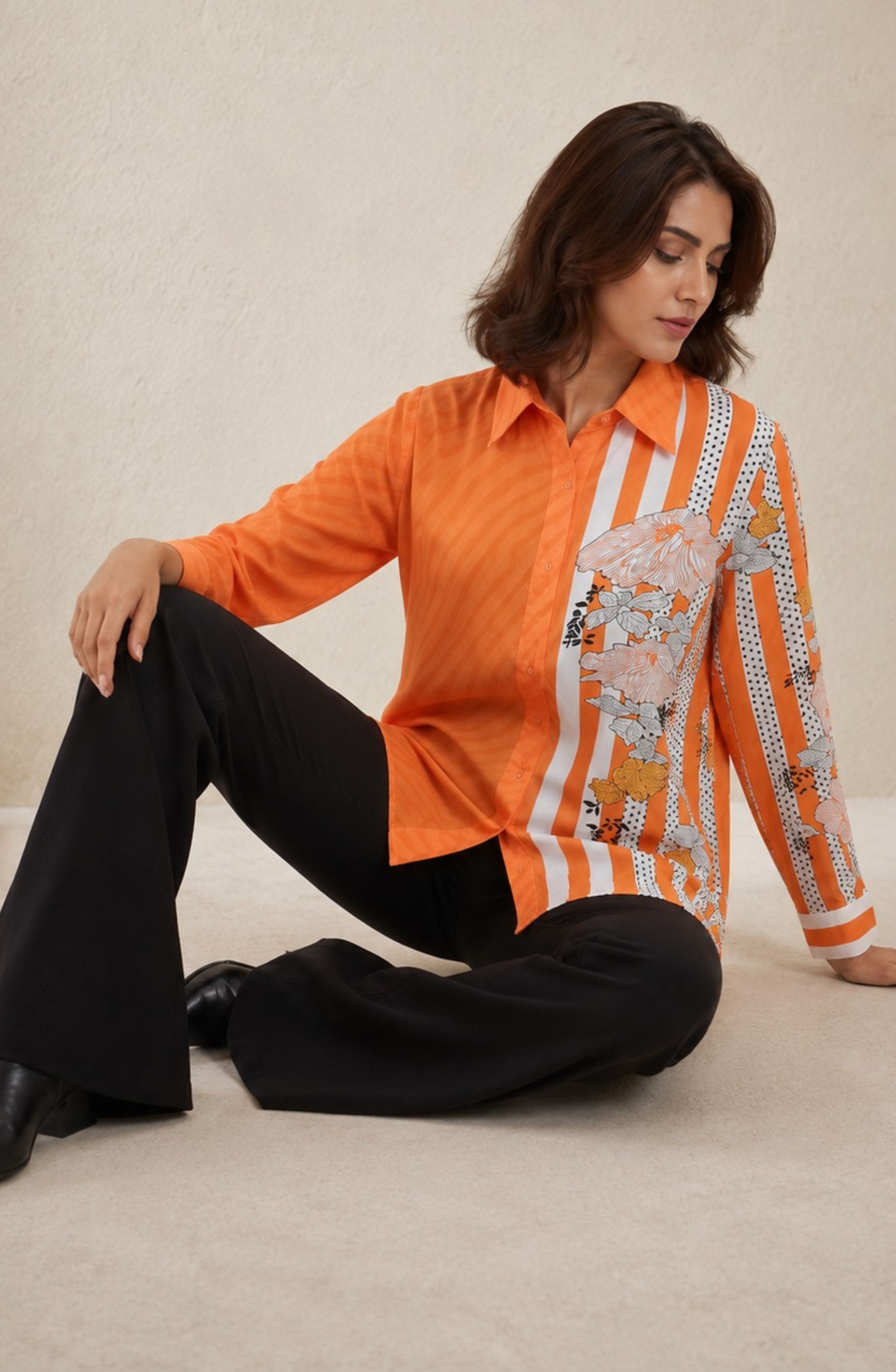 Orange Floral Striped Cotton Modal Shirt