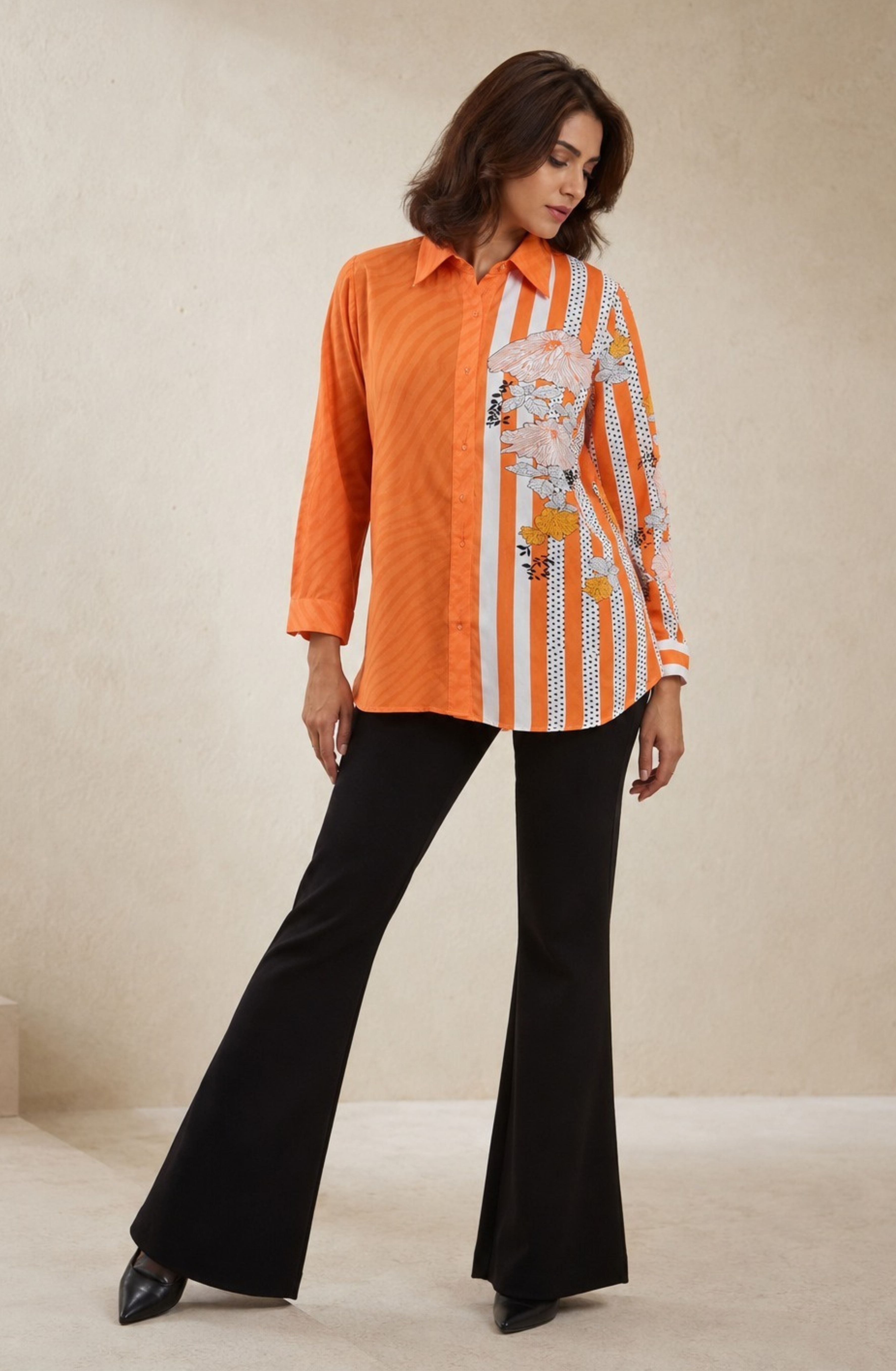 Orange Floral Striped Cotton Modal Shirt