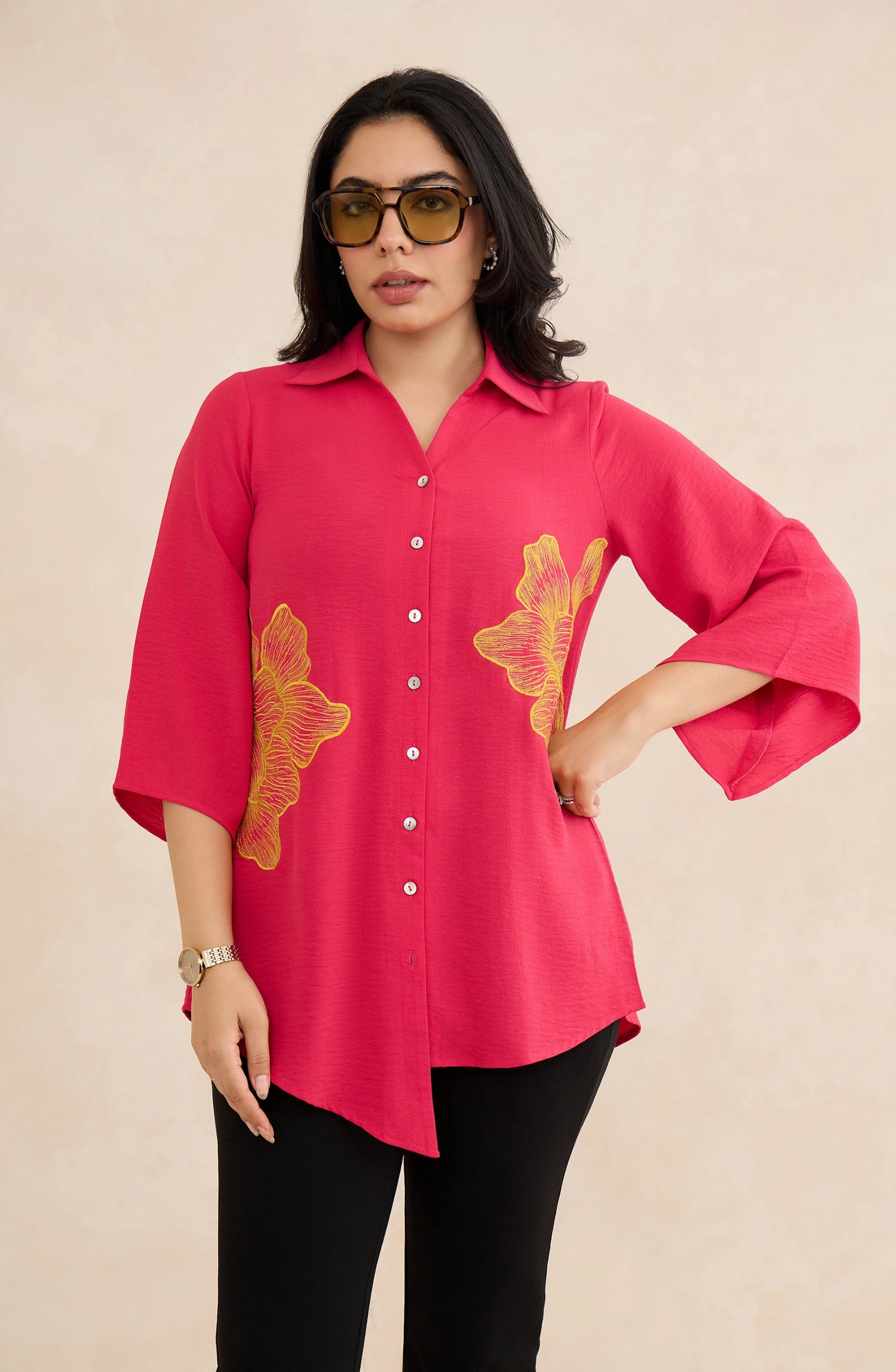 Rose Ember Hot Pink Embroidered Shirt