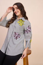 Grey Striped Shirt with Sequin Floral Motif