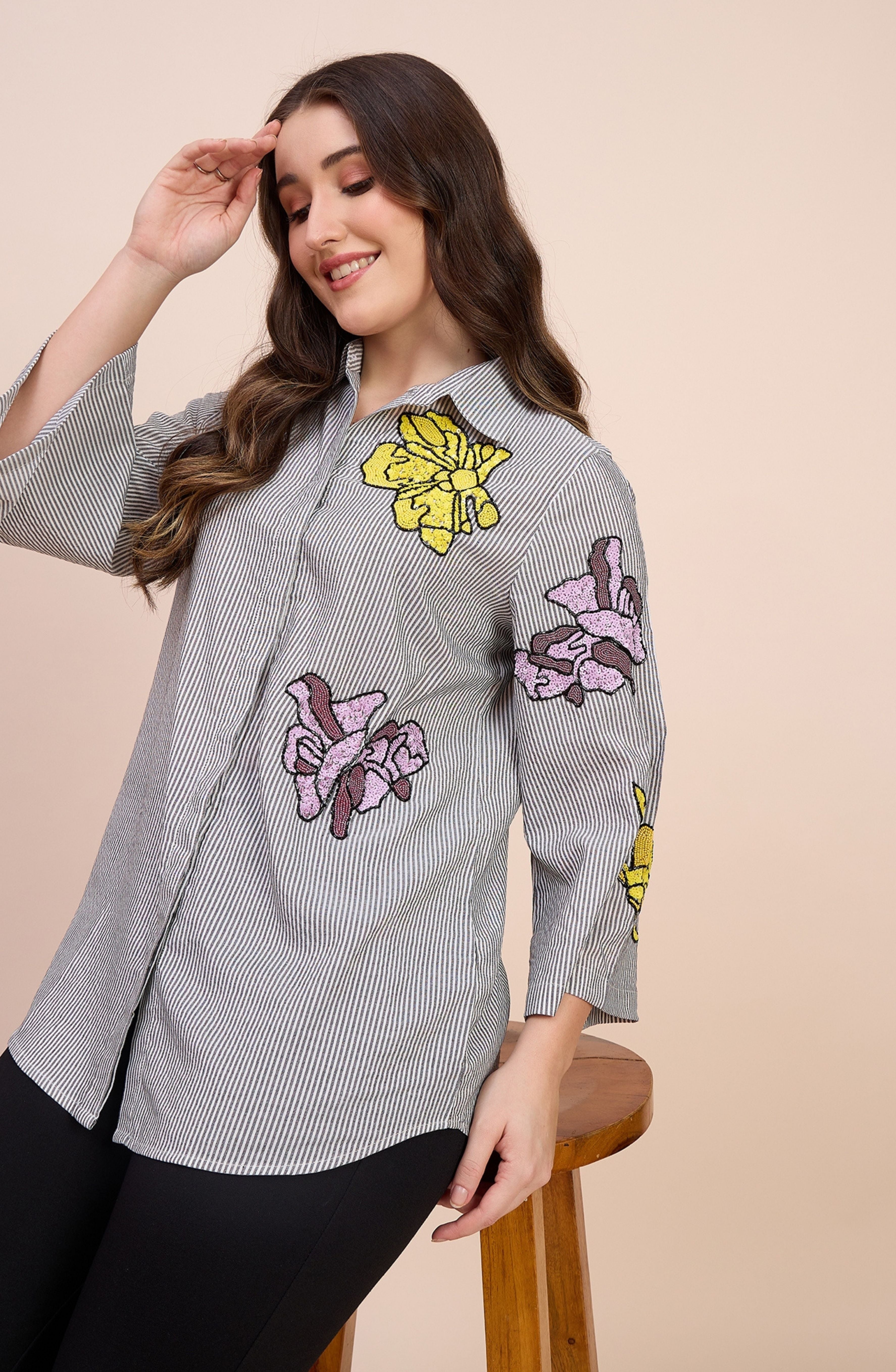 Grey Striped Shirt with Sequin Floral Motif