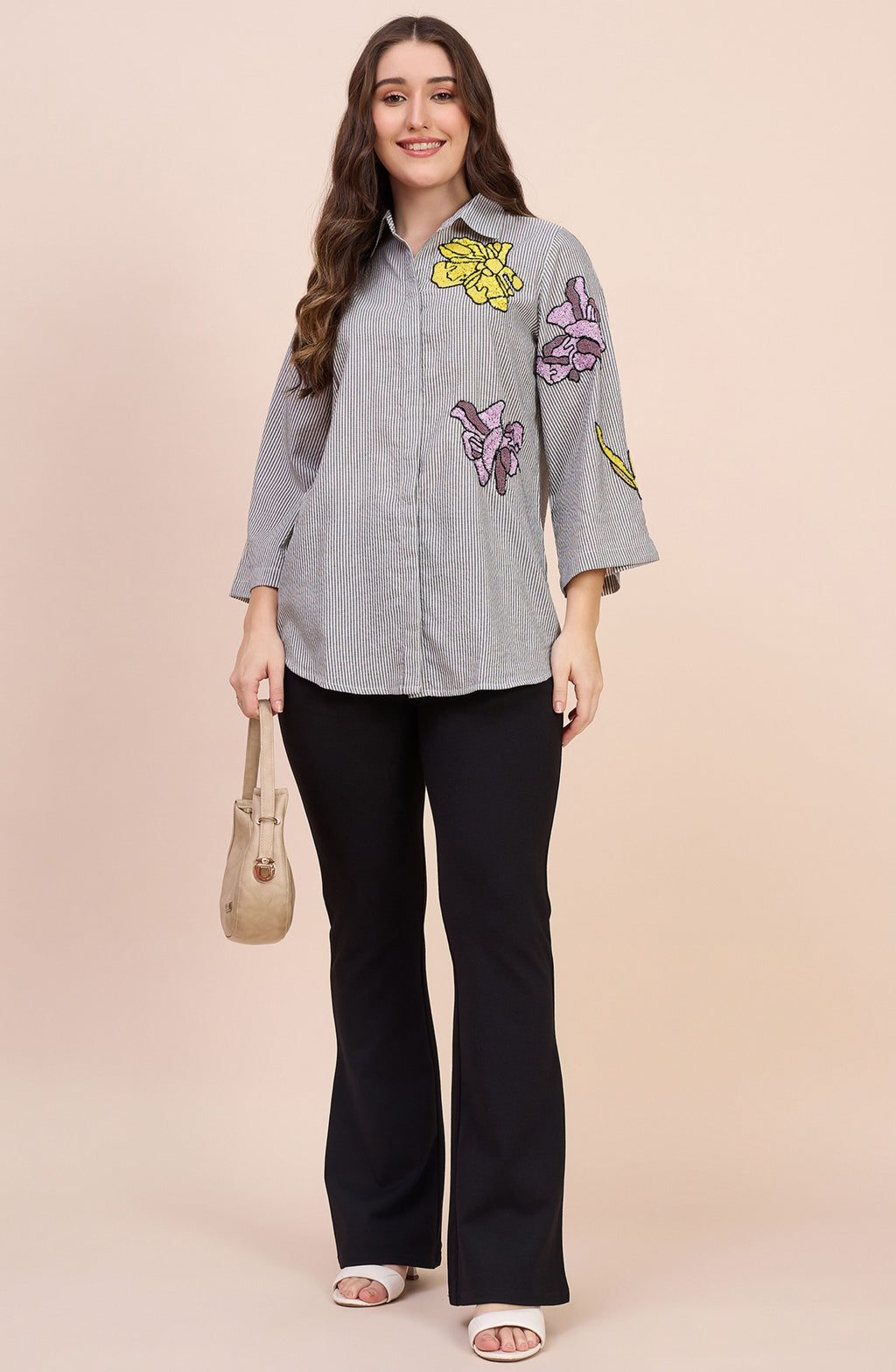 Grey Striped Shirt with Sequin Floral Motif