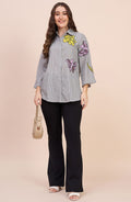 Grey Striped Shirt with Sequin Floral Motif