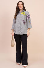 Grey Striped Shirt with Sequin Floral Motif