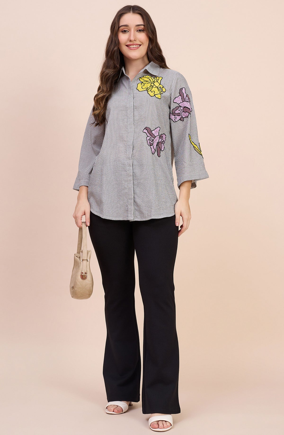 Grey Striped Shirt with Sequin Floral Motif