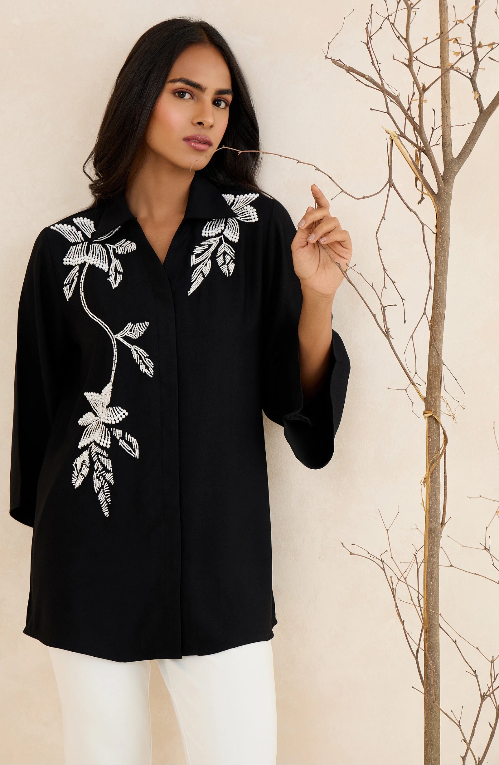 Black Pearl Blossom Embellished Shirt