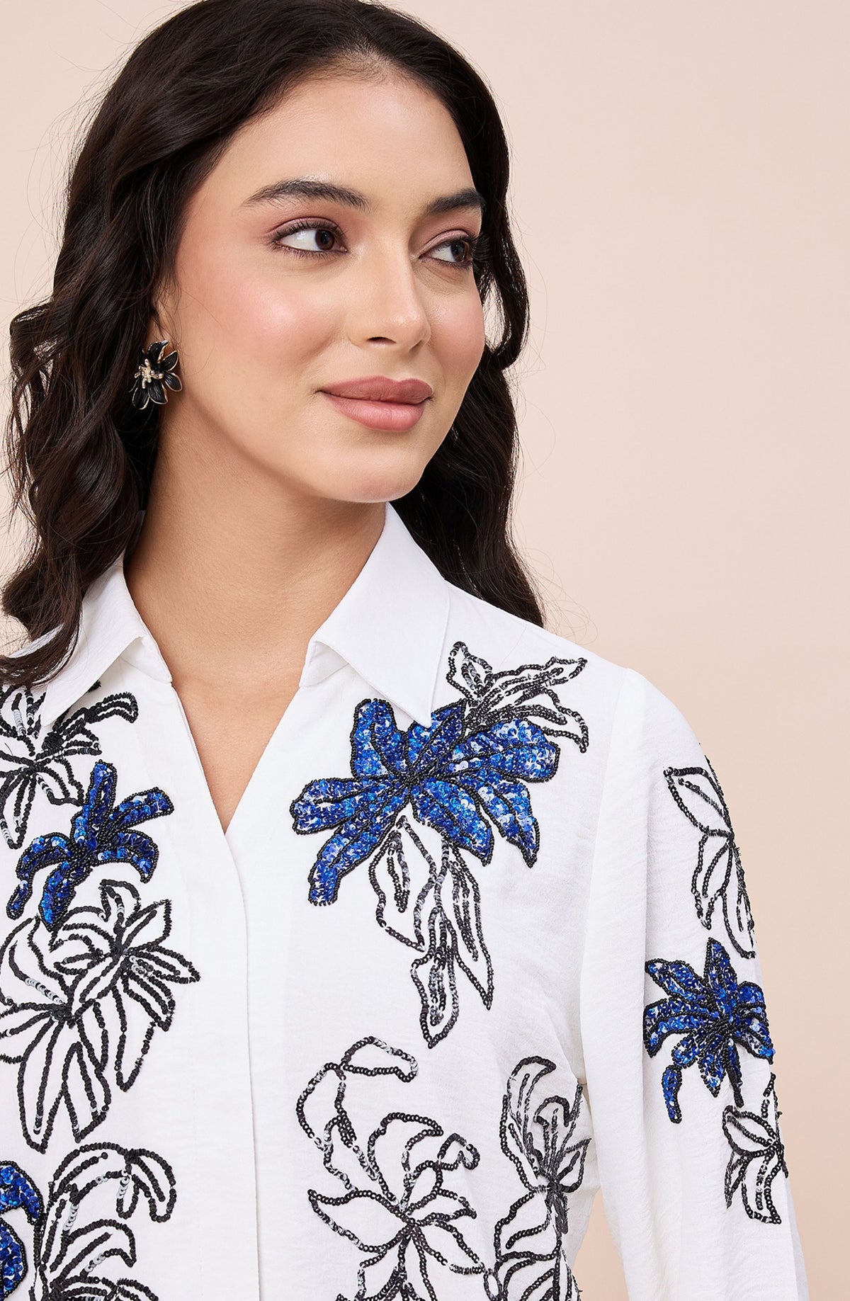 White Embellished Lily Shirt with Black & Navy Floral Detailing