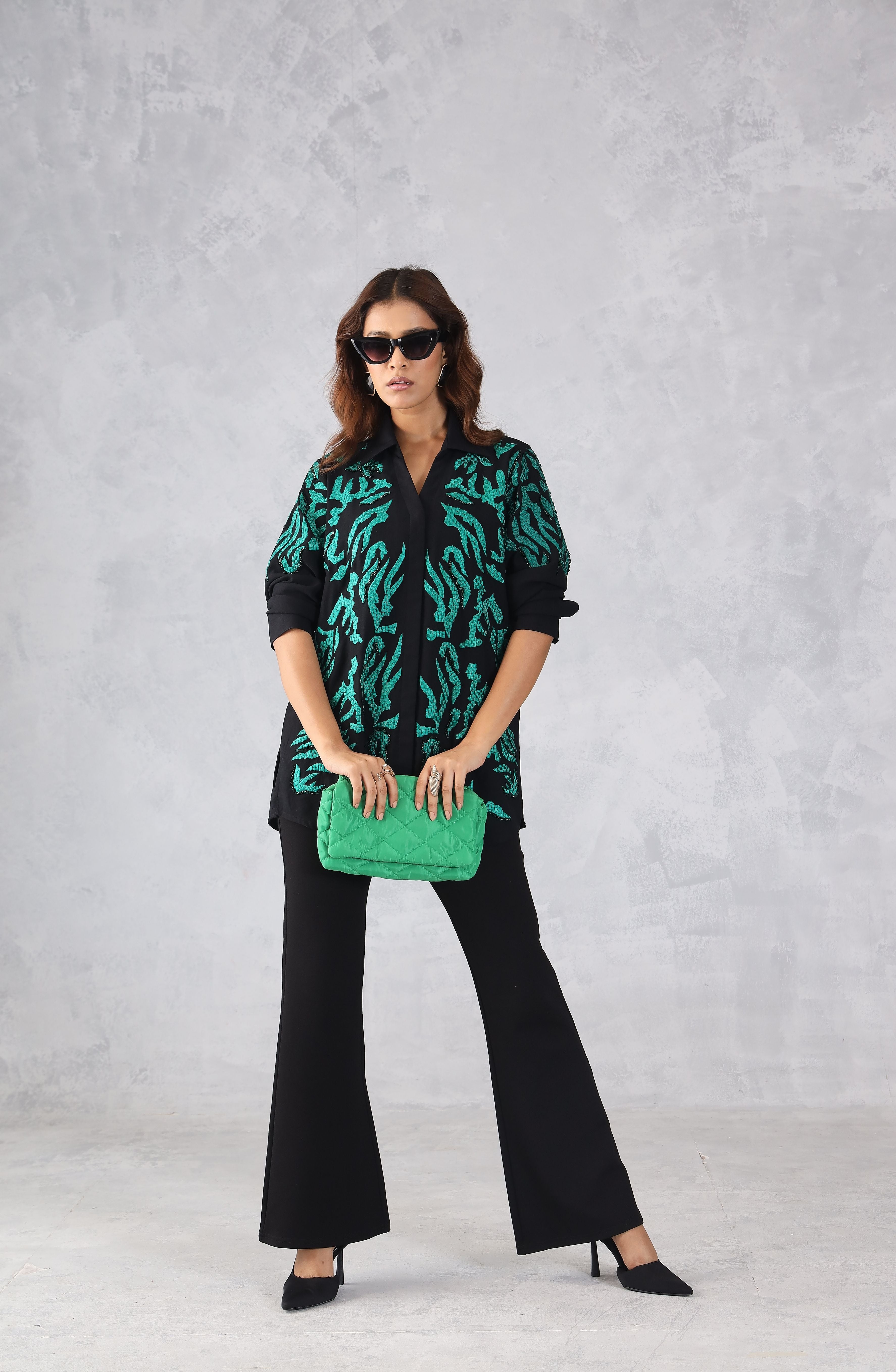 Black & Green Abstract Embroidered Shirt