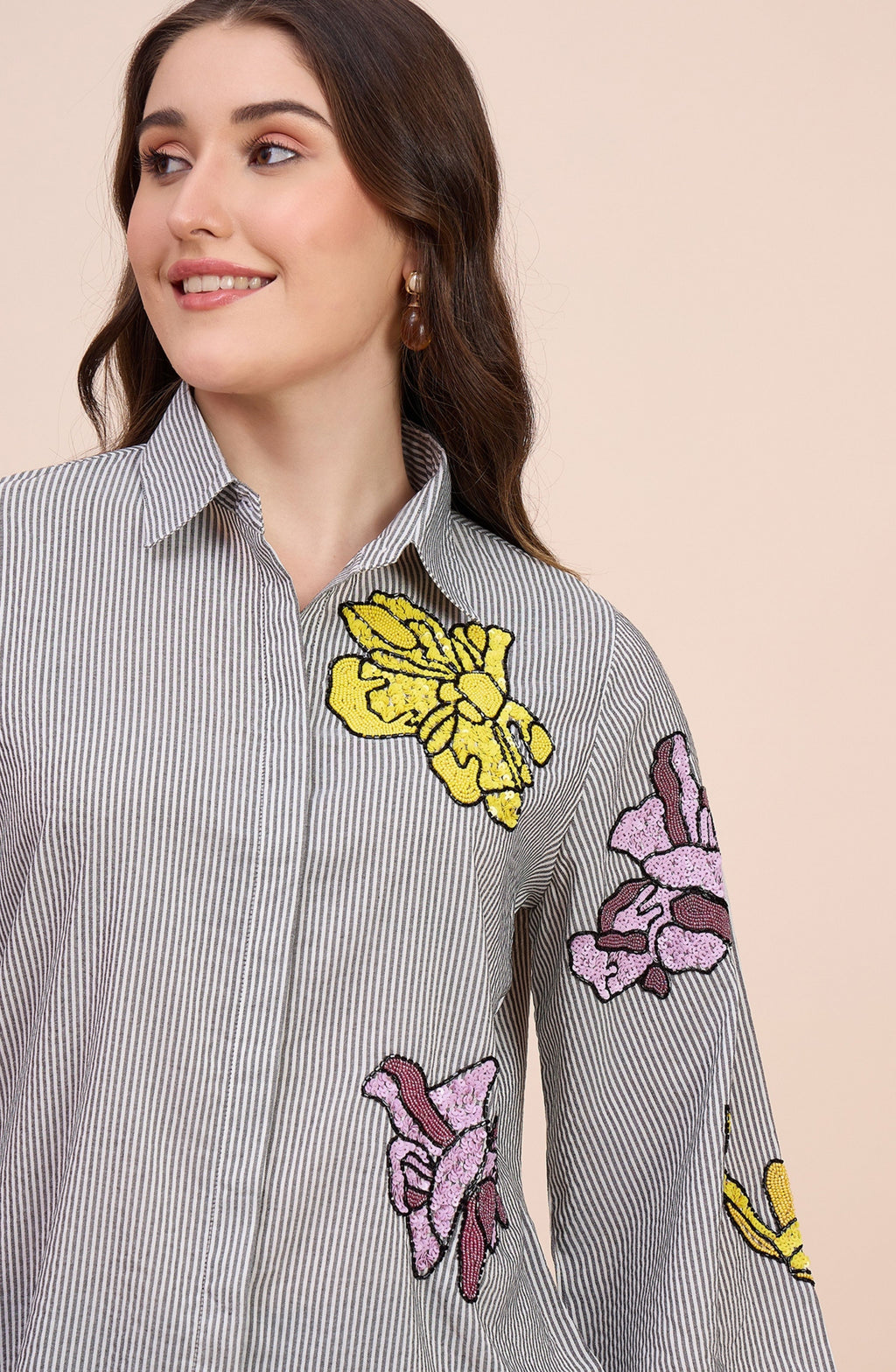 Grey Striped Shirt with Sequin Floral Motif