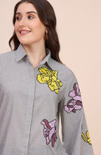 Grey Striped Shirt with Sequin Floral Motif