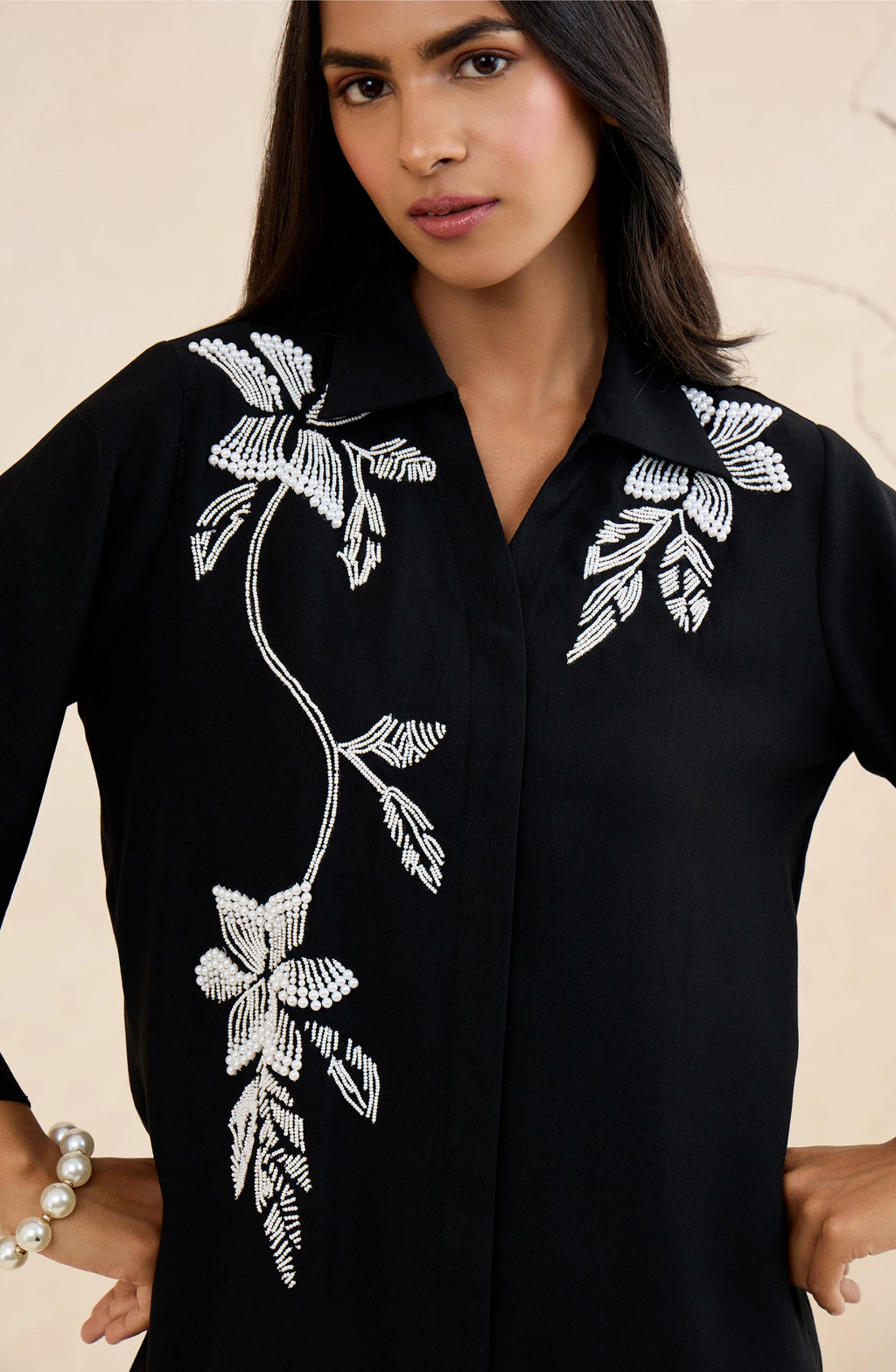 Black Pearl Blossom Embellished Shirt