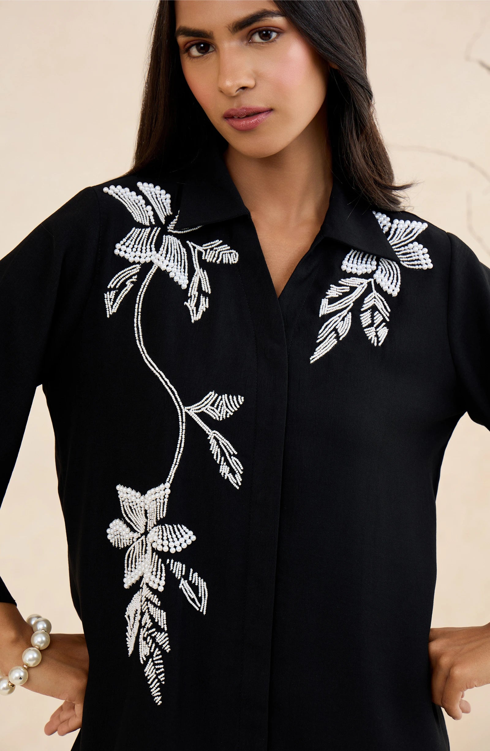 Black Pearl Blossom Embellished Shirt