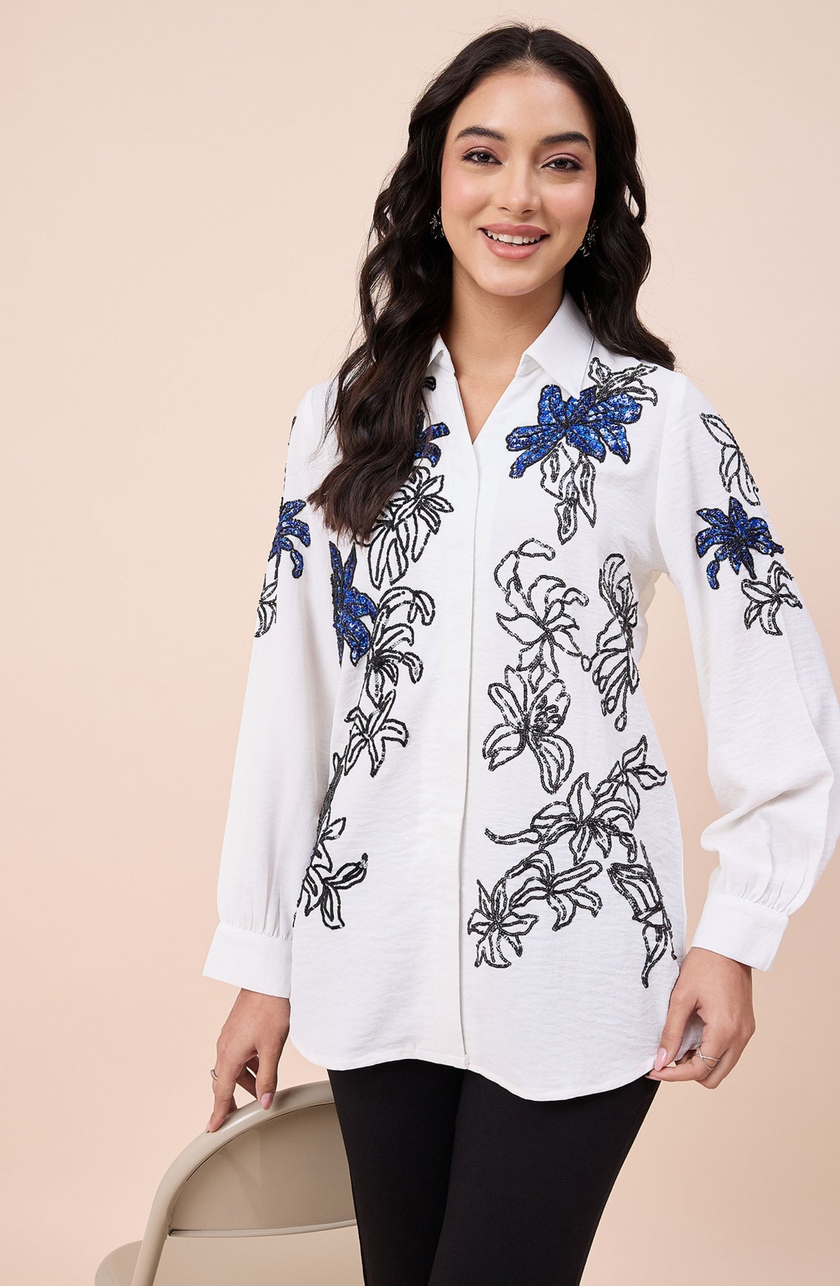 White Embellished Lily Shirt with Black & Navy Floral Detailing