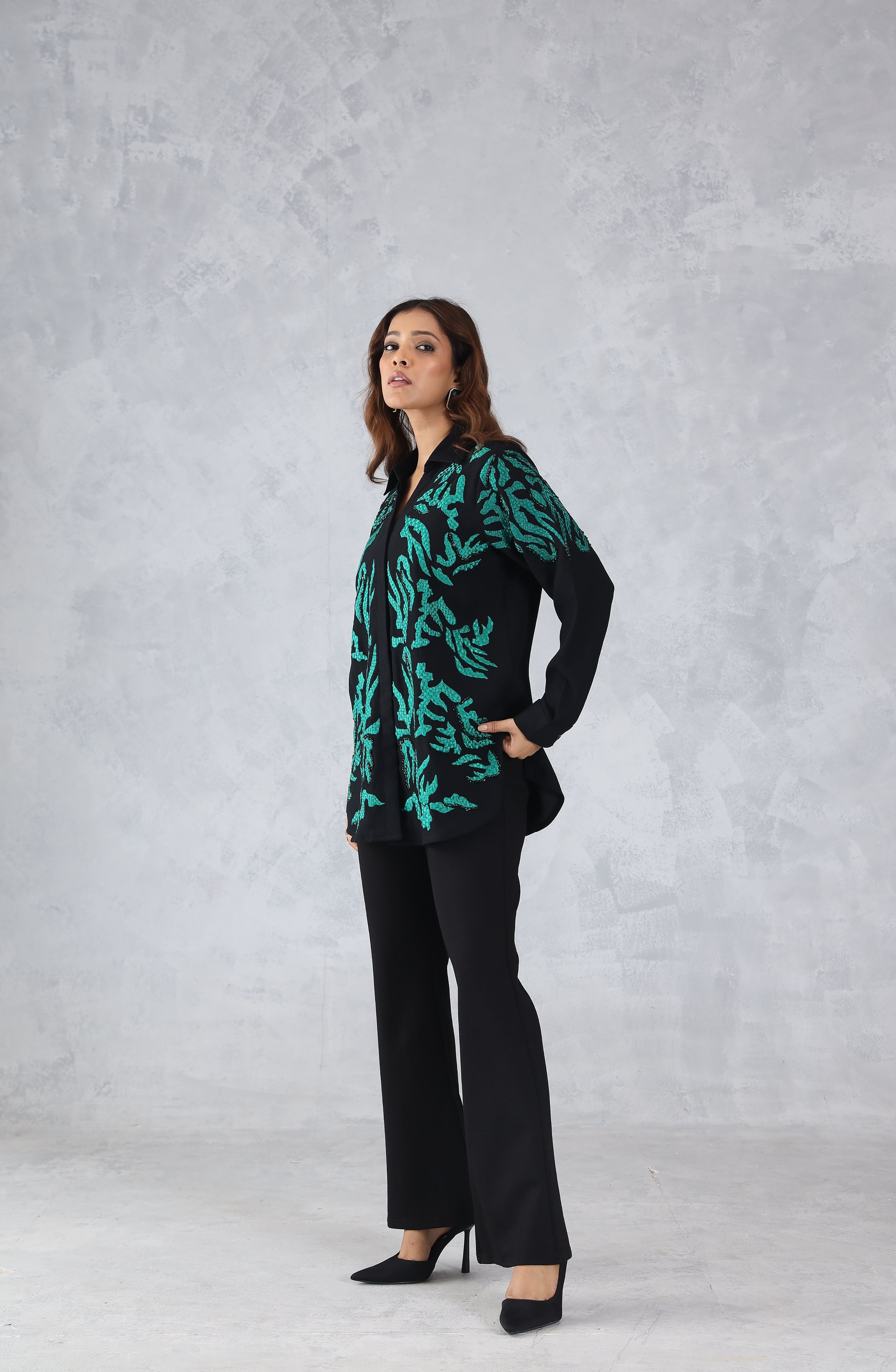 Black & Green Abstract Embroidered Shirt