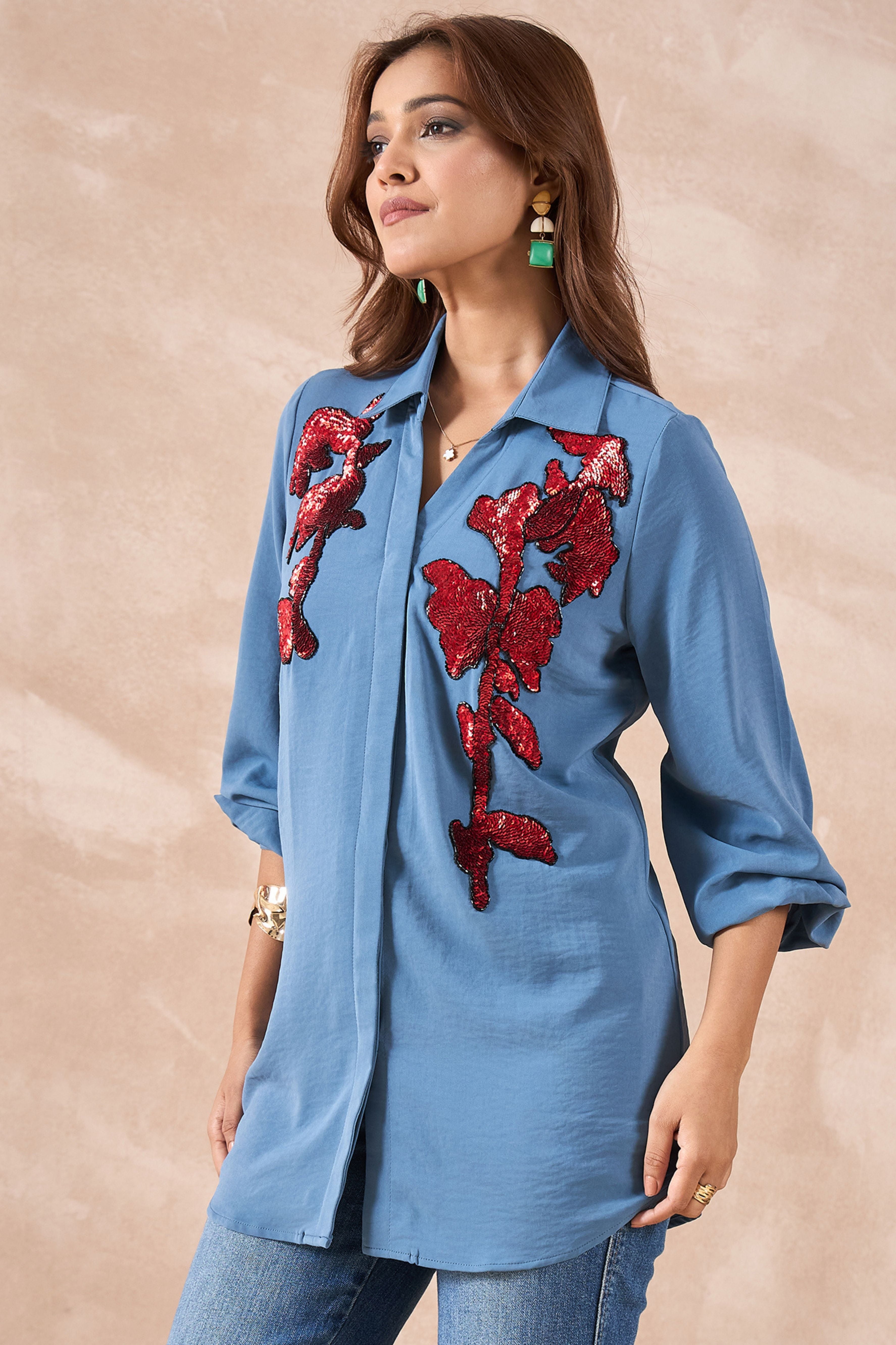 Blue Abstract Embellished Shirt
