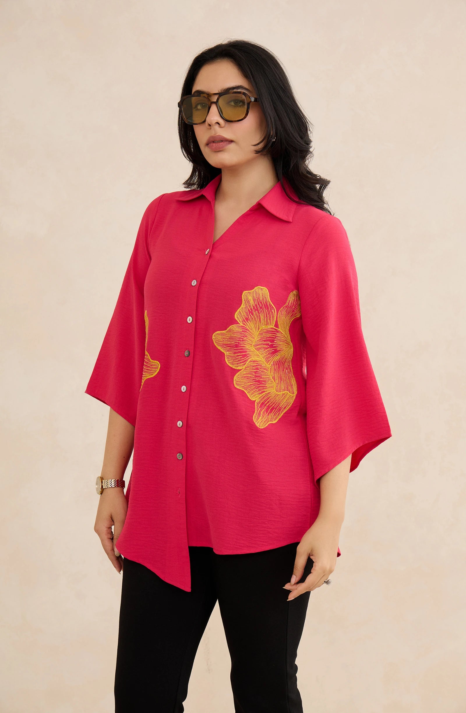 Rose Ember Hot Pink Embroidered Shirt