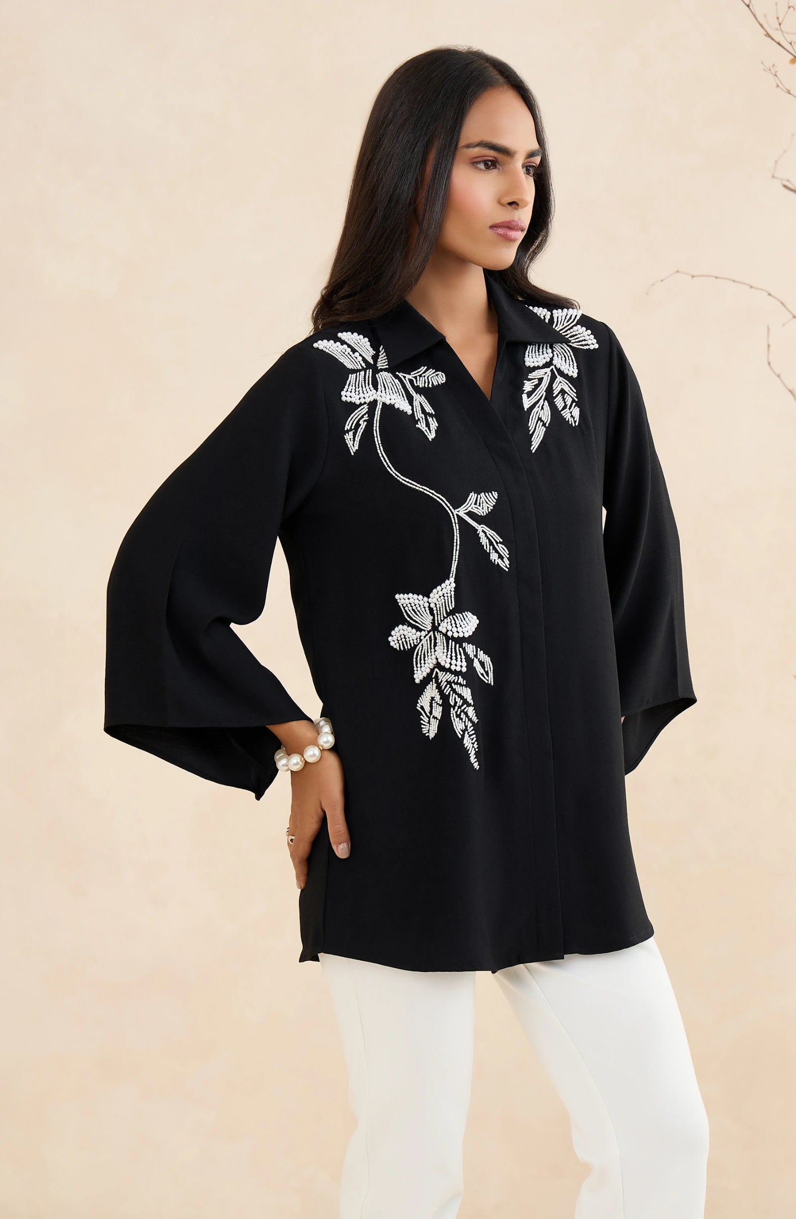 Black Pearl Blossom Embellished Shirt