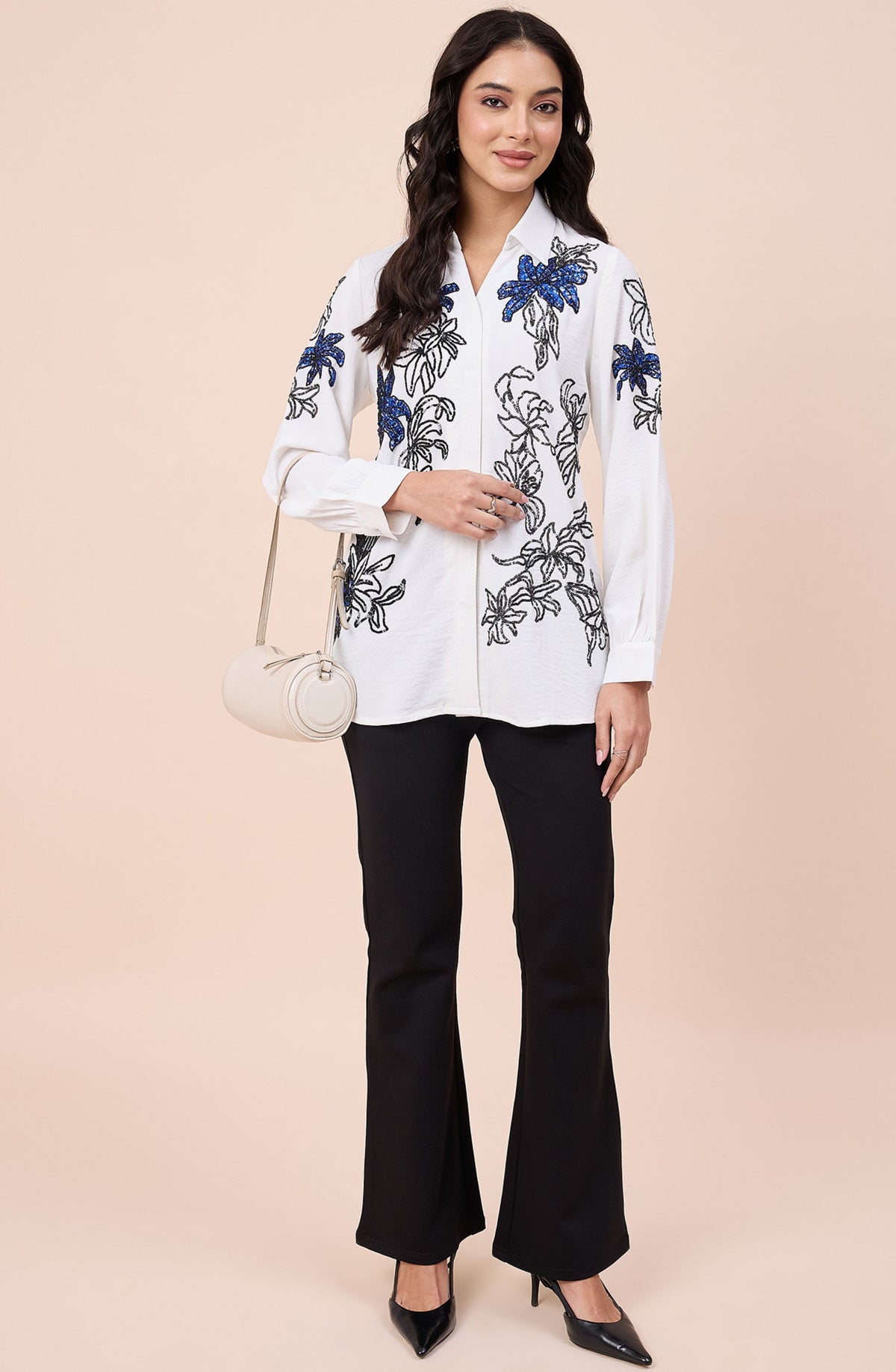 White Embellished Lily Shirt with Black & Navy Floral Detailing