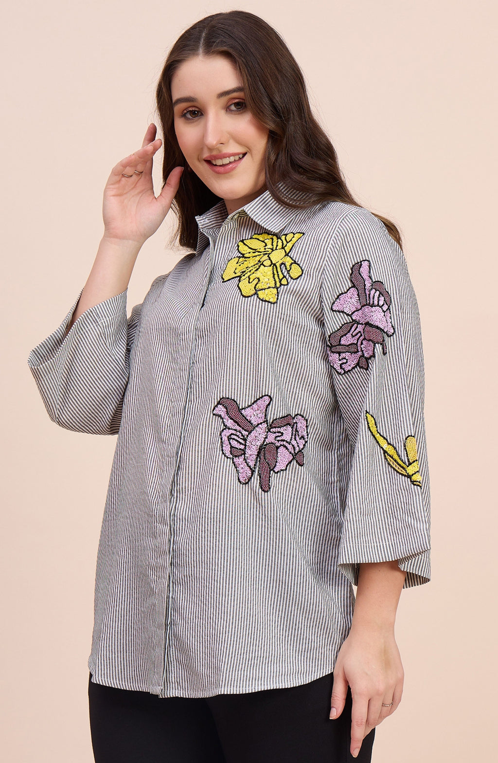 Grey Striped Shirt with Sequin Floral Motif