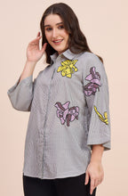 Grey Striped Shirt with Sequin Floral Motif
