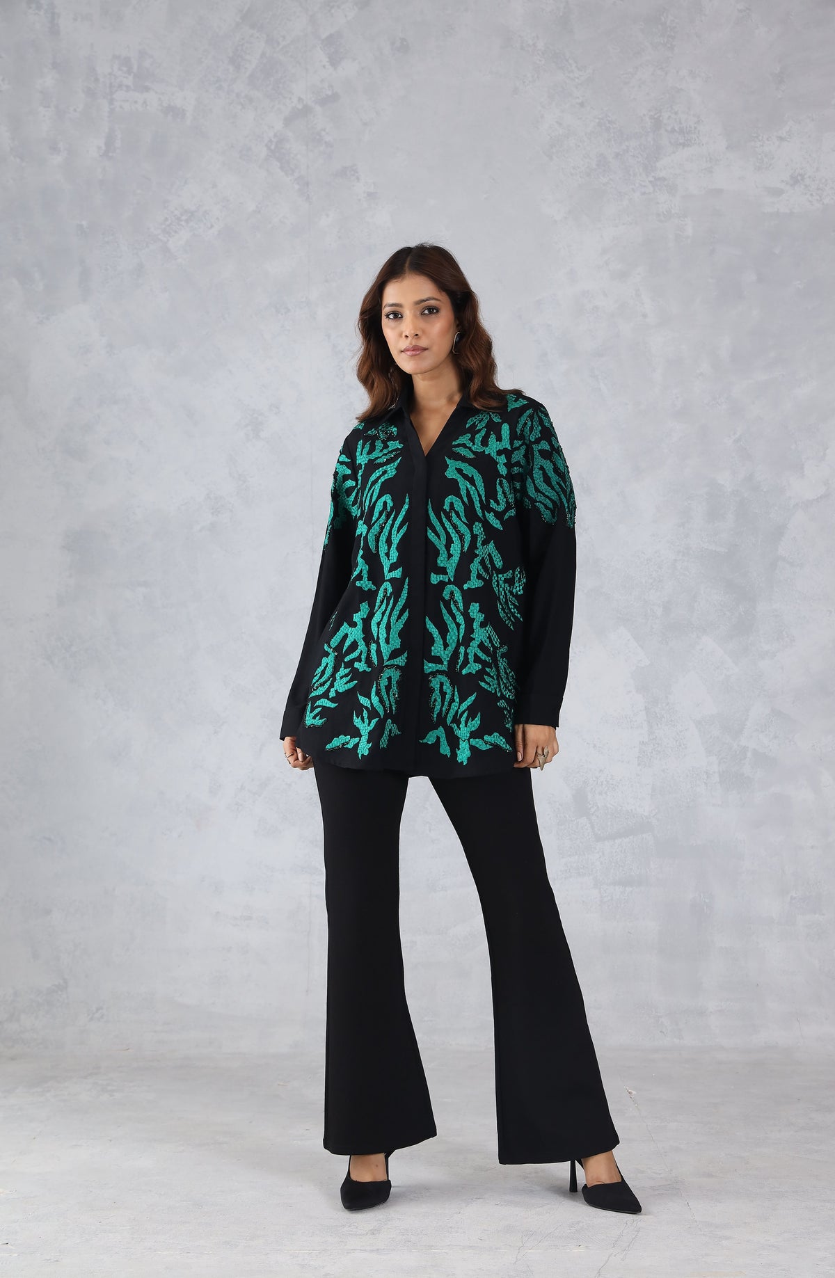 Black & Green Abstract Embroidered Shirt