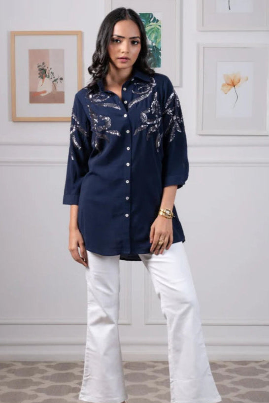 Navy Blue Sequin Shirt