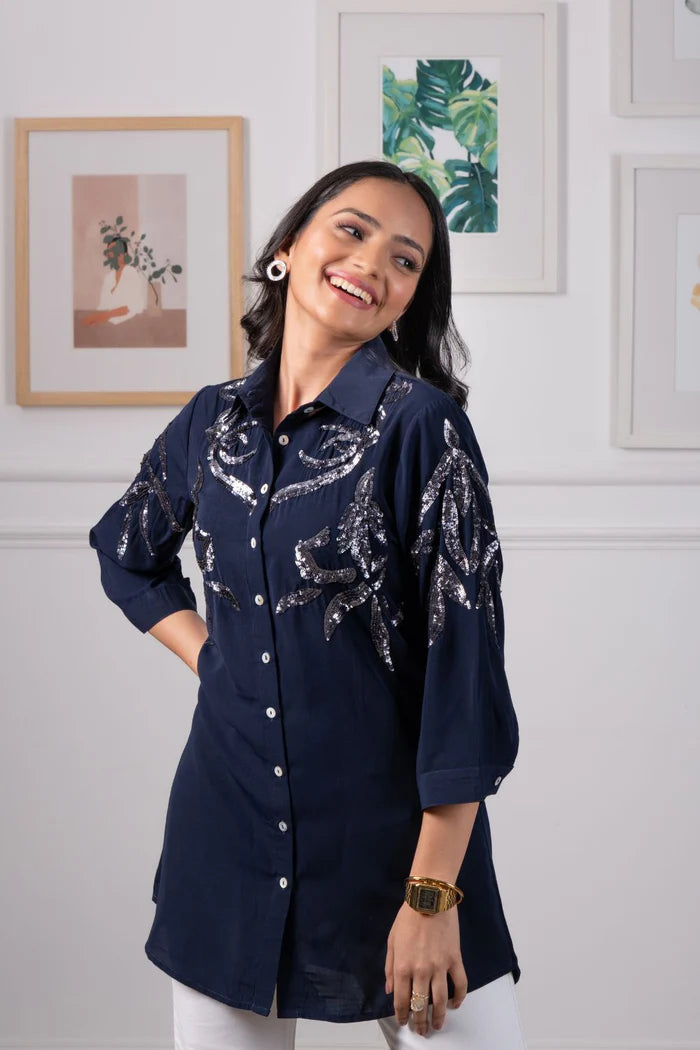 Navy Blue Sequin Shirt