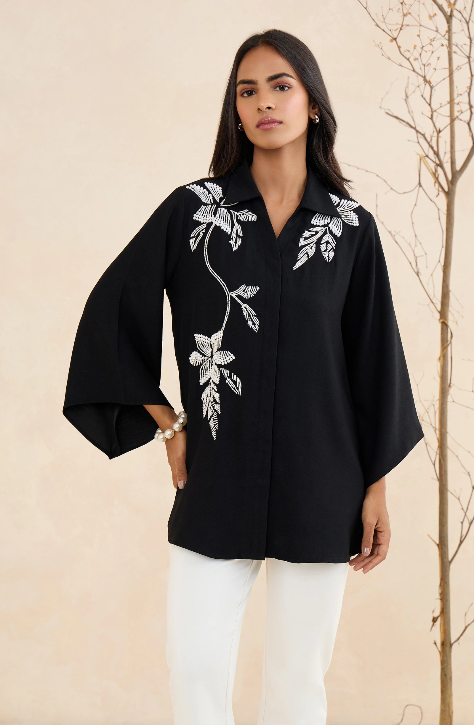 Black Pearl Blossom Embellished Shirt