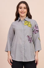 Grey Striped Shirt with Sequin Floral Motif