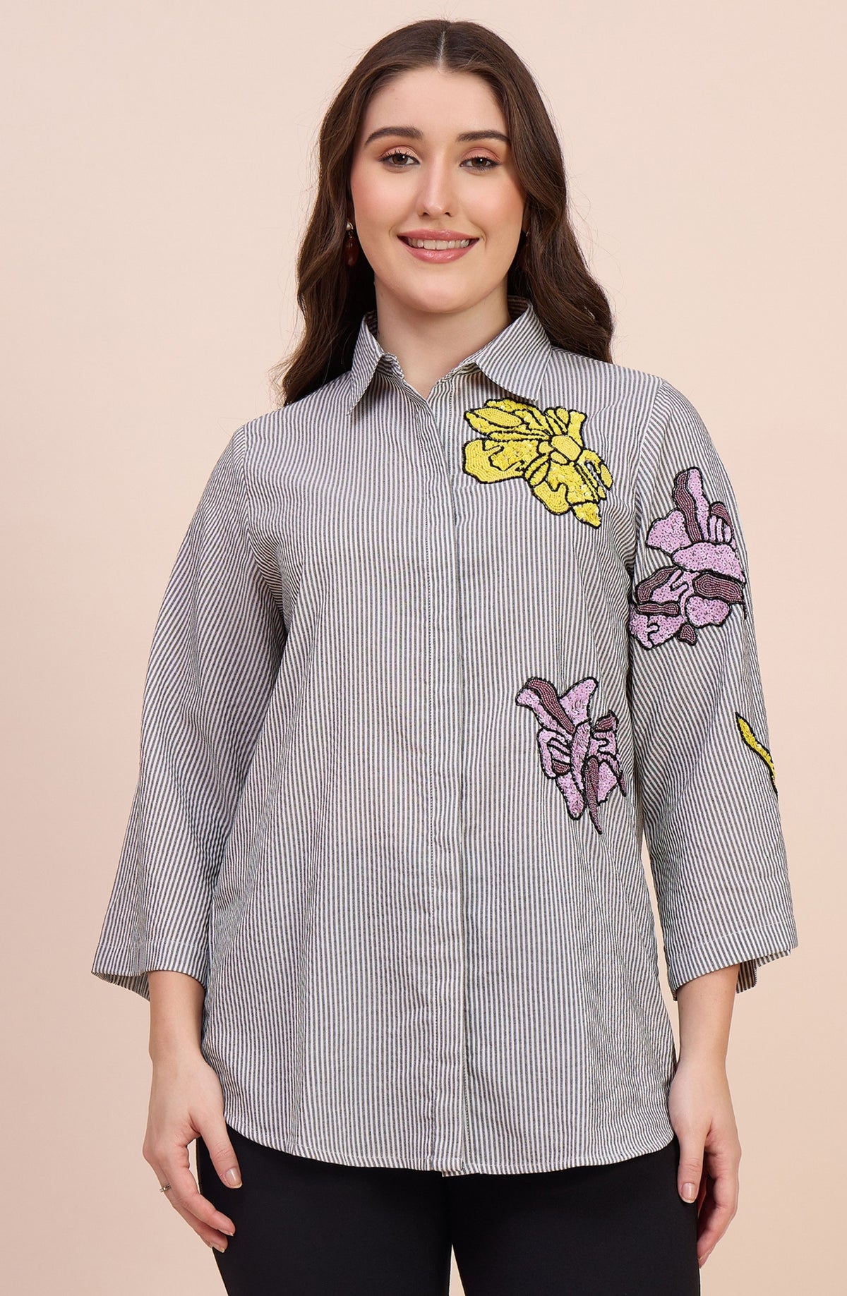 Grey Striped Shirt with Sequin Floral Motif