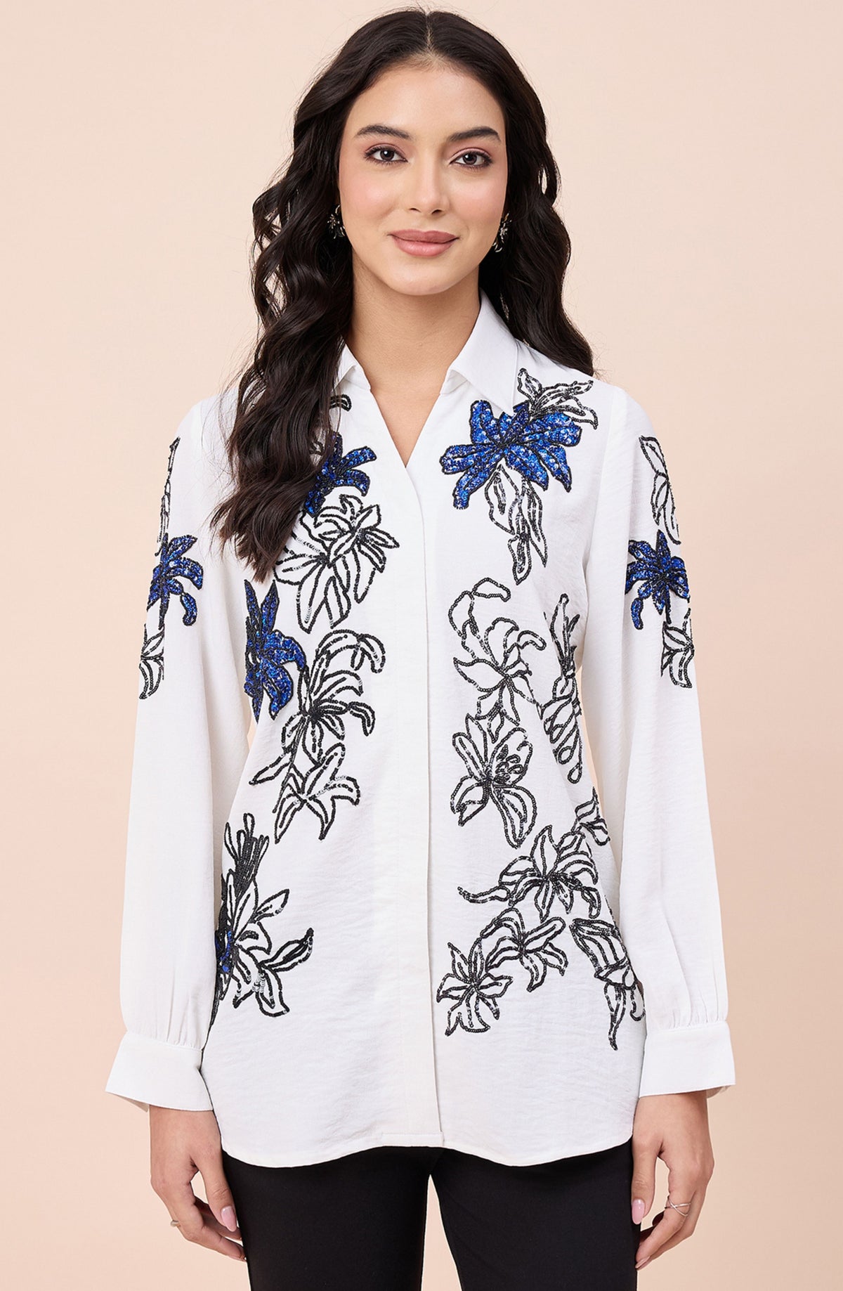 White Embellished Lily Shirt with Black & Navy Floral Detailing